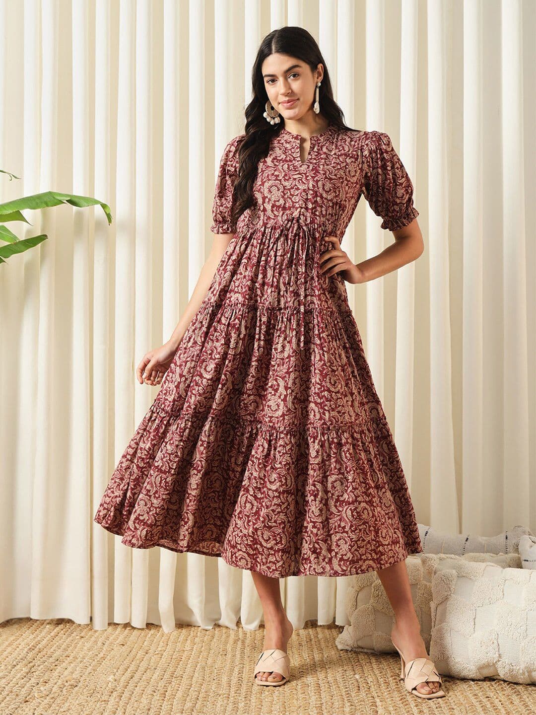 KALINI Floral Printed Mandarin Collar Puff Sleeves Cotton Fit and Flare Dress - view 1