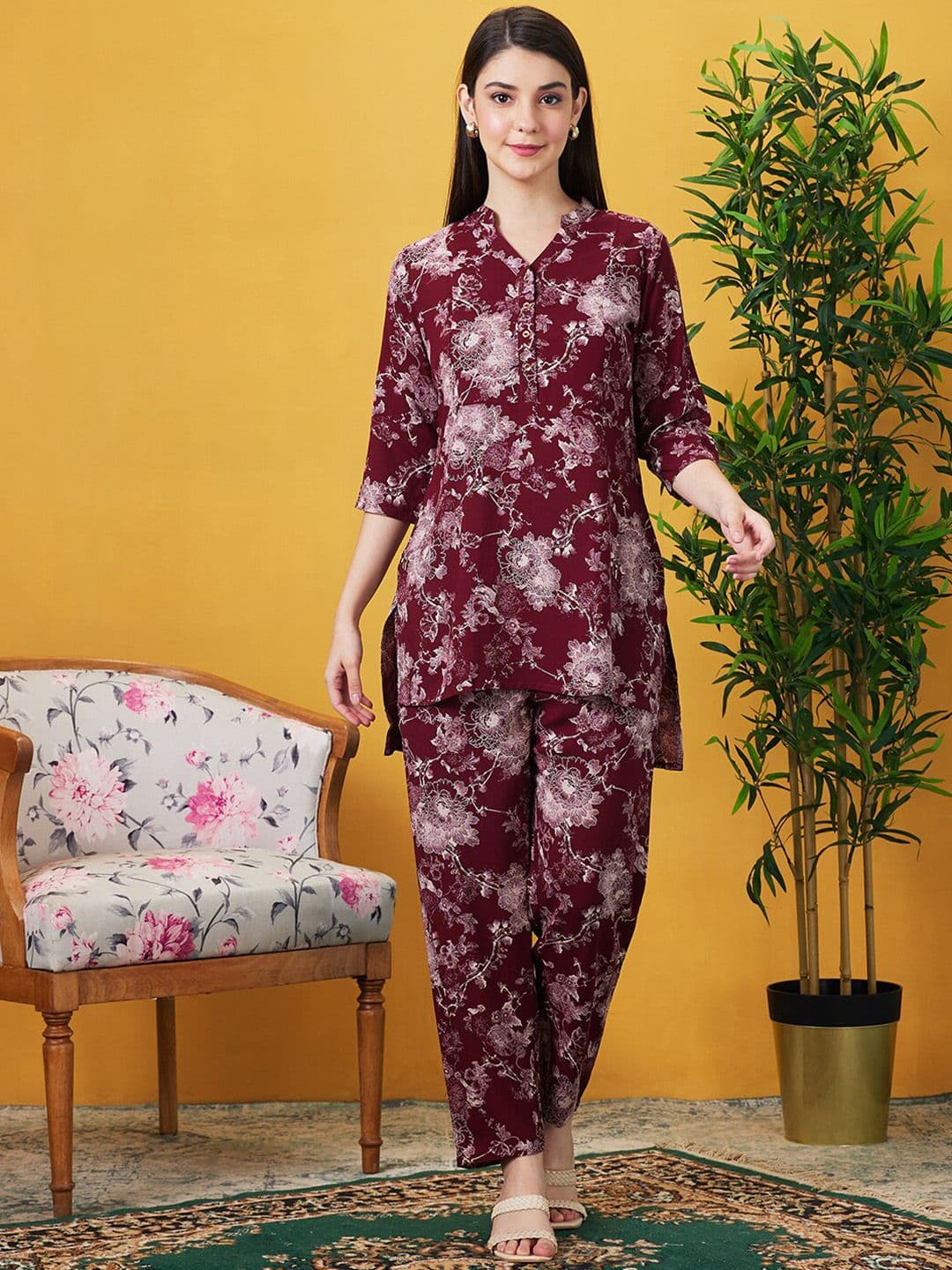 AV2 Maternity Printed Mandarin Collar Neck Top & Flared Trouser - view 1