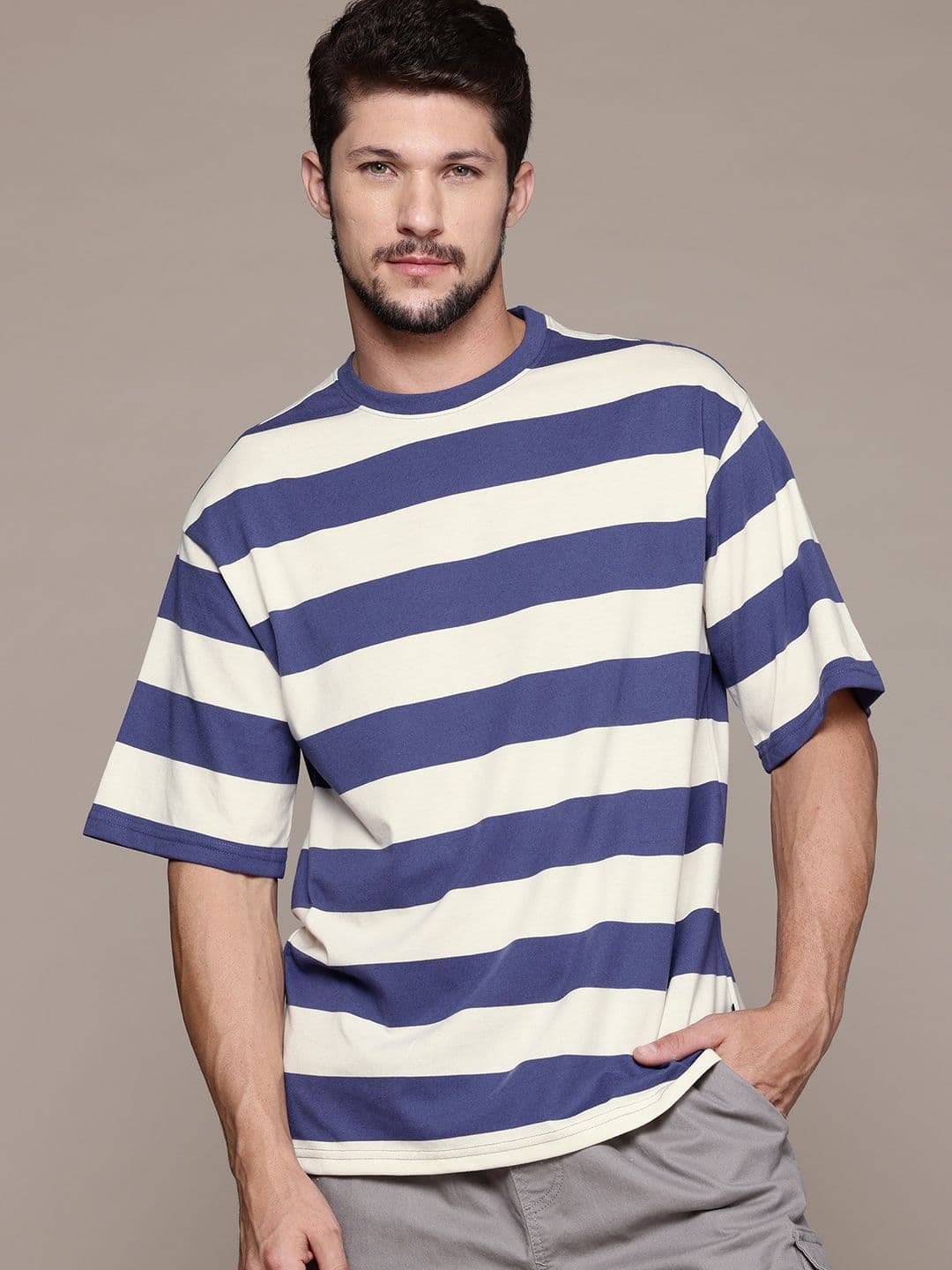 The Roadster Lifestyle Co. Striped Drop-Shoulder Sleeves Relaxed T-shirt - view 1