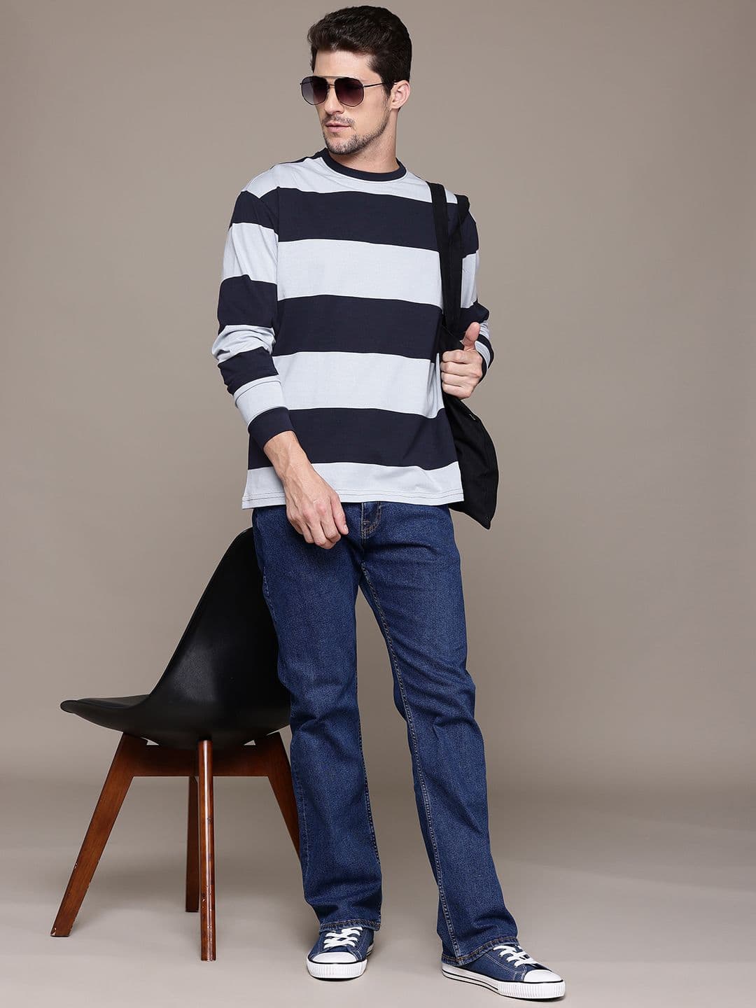 The Roadster Lifestyle Co. Striped Drop-Shoulder Sleeves Relaxed T-shirt - view 1