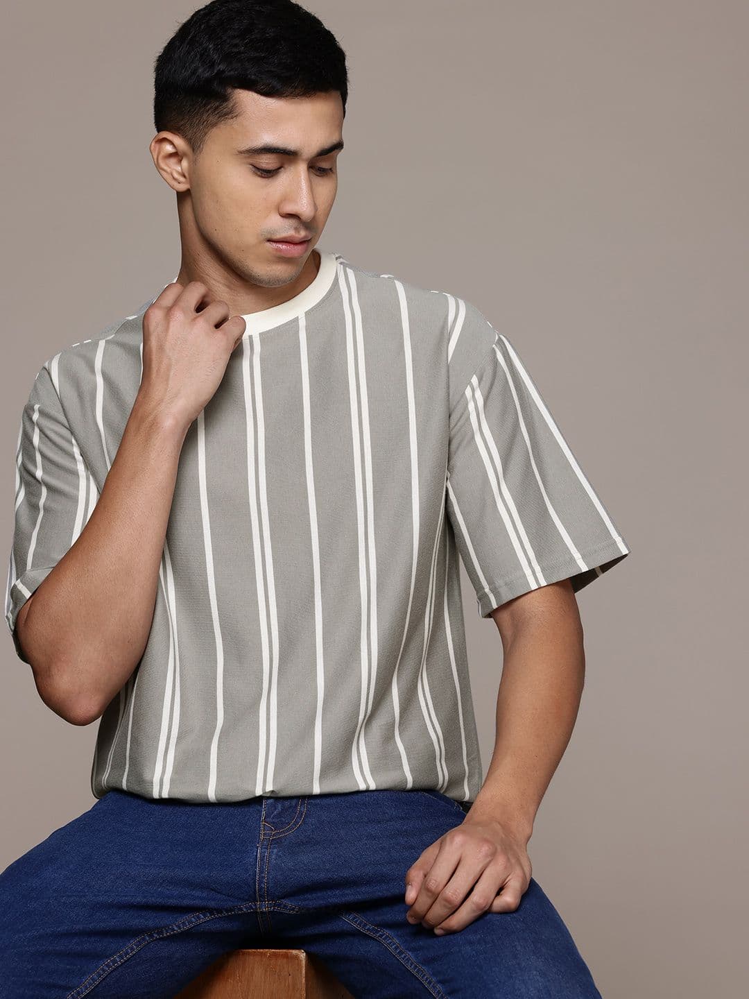 The Roadster Lifestyle Co. Striped Drop-Shoulder Sleeves Relaxed T-shirt - view 1