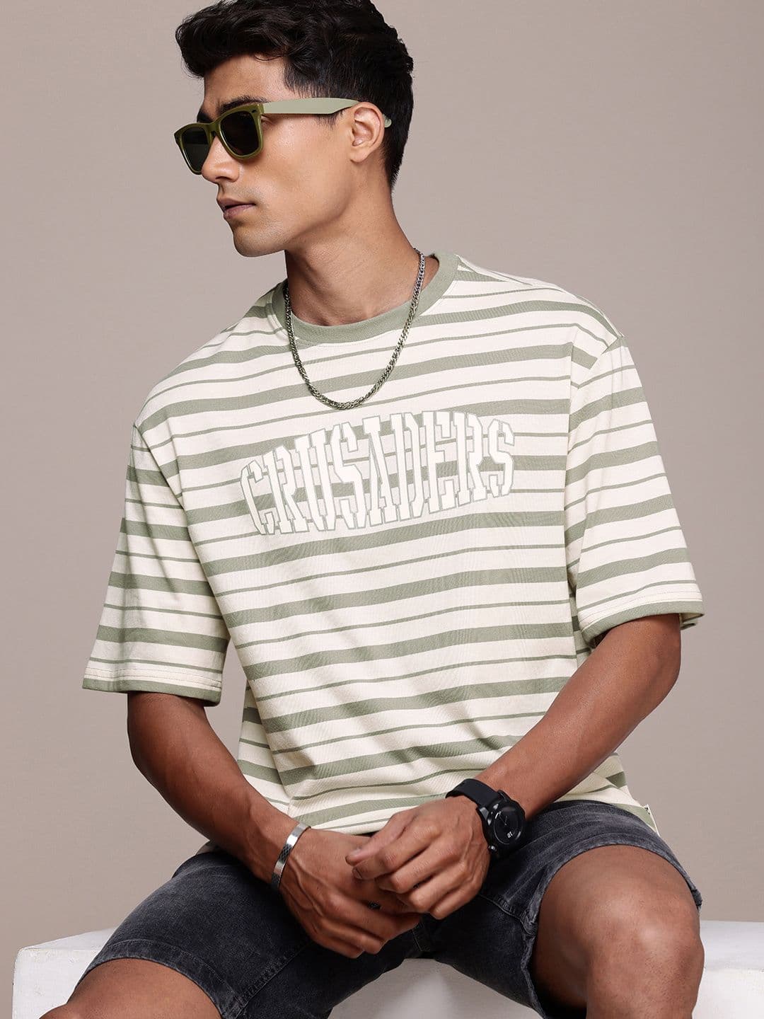 The Roadster Life Co. Relaxed Fit Striped Drop-Shoulder Sleeves T-shirt - view 1