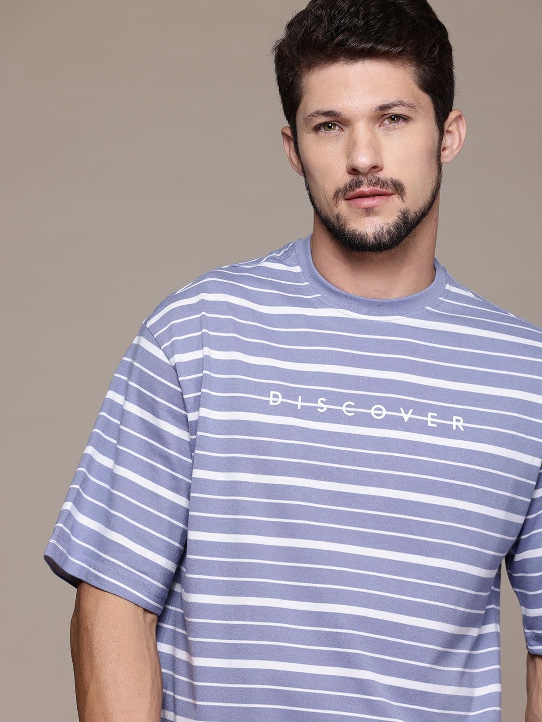 The Roadster Lifestyle Co. Striped Drop-Shoulder Sleeves Relaxed T-shirt - view 1