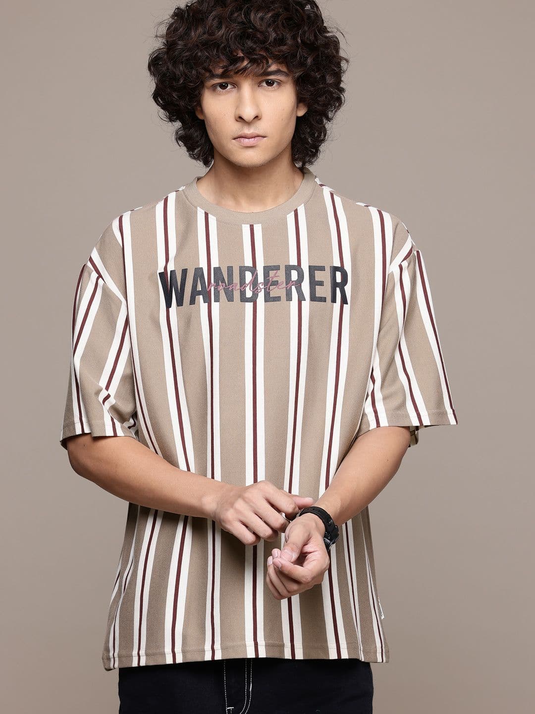 The Roadster Lifestyle Co. Striped Drop-Shoulder Sleeves Relaxed T-shirt - view 1