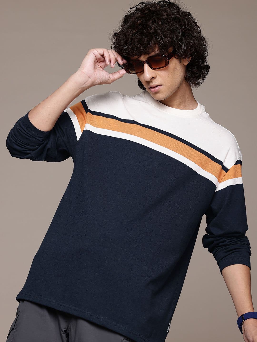 The Roadster Lifestyle Co. Colourblocked Drop-Shoulder Sleeves Relaxed T-shirt - view 1