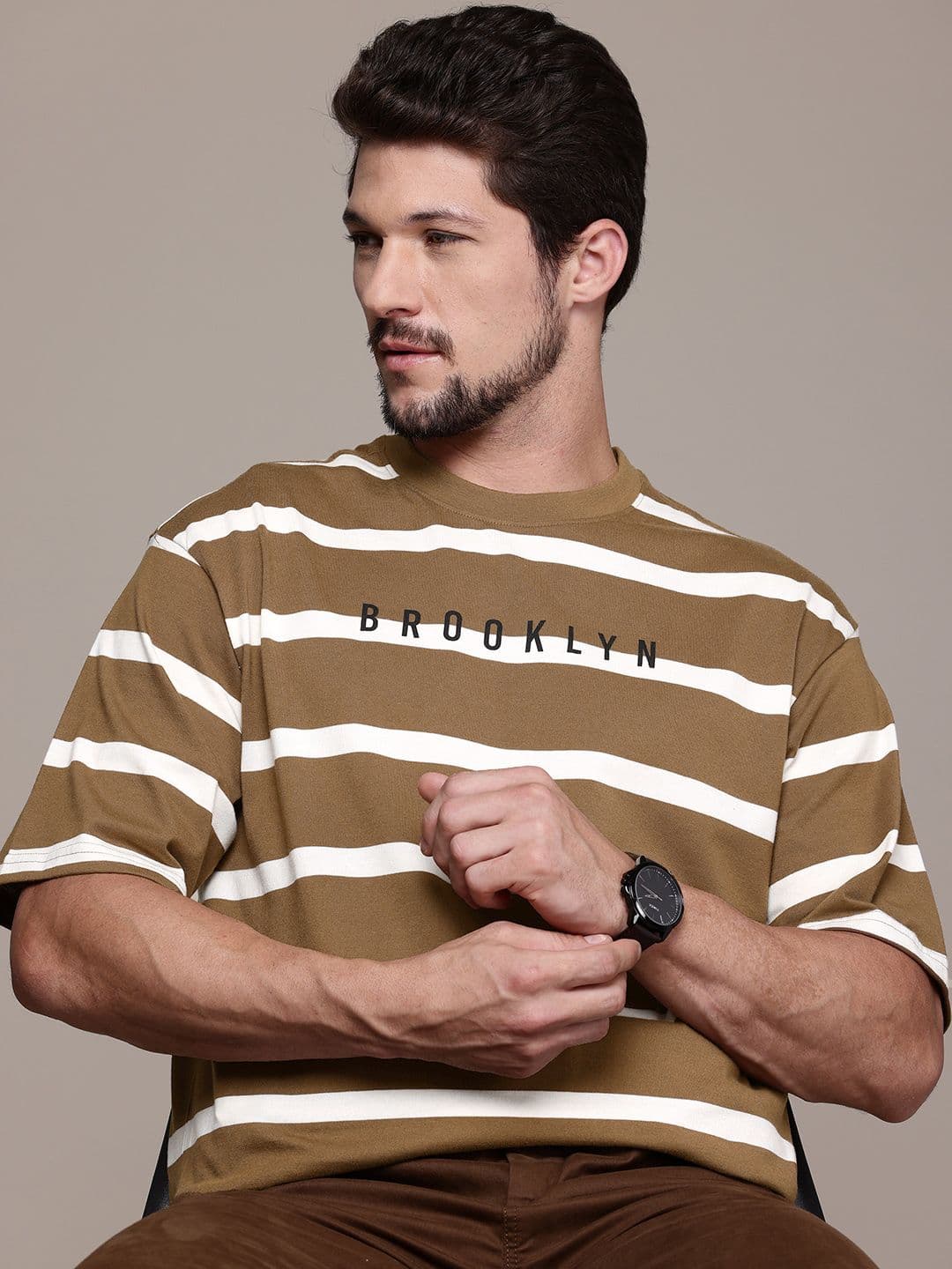 The Roadster Lifestyle Co. Striped Drop-Shoulder Relaxed Fit T-shirt - view 1