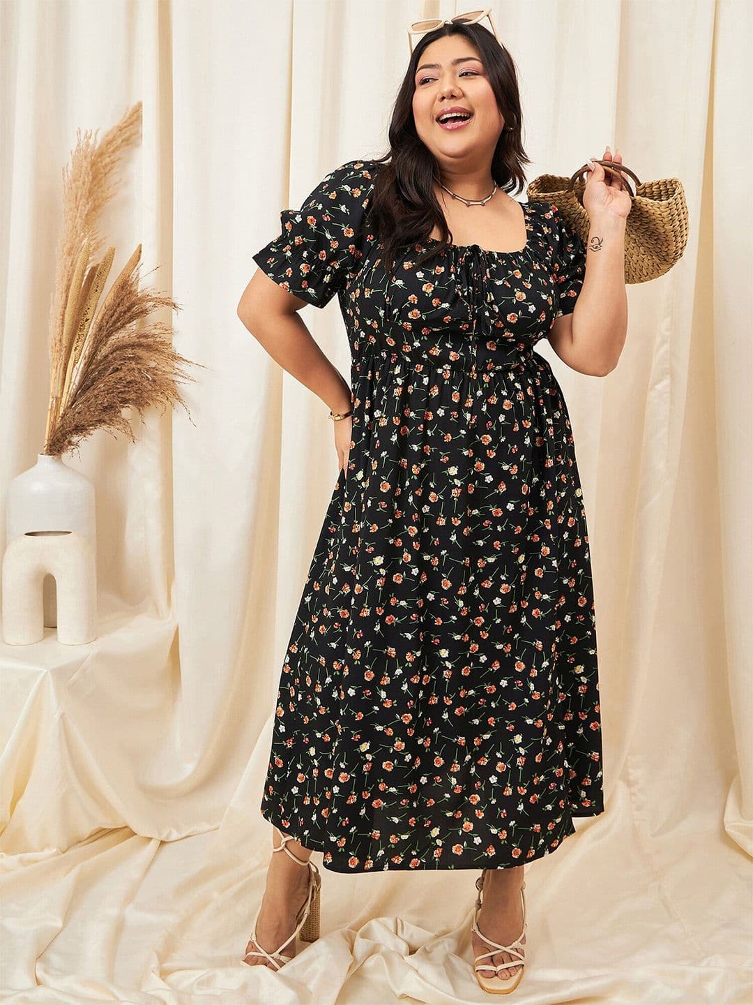 Berrylush Curve Black Curve Floral Print Crepe Fit & Flare Midi Dress - view 1