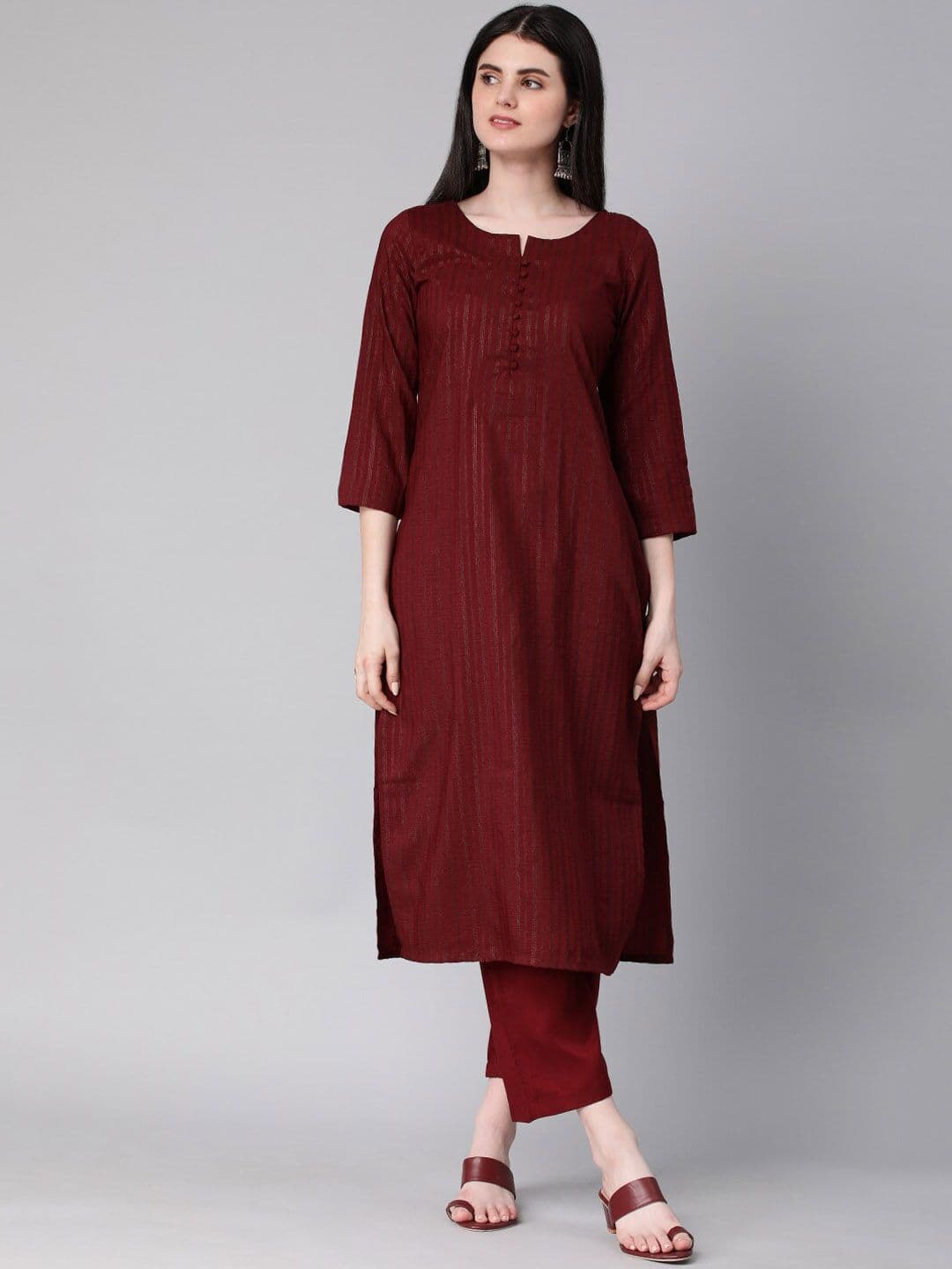 KALINI Striped Round Neck Three-Quarter Sleeves Thread Work Kurta with Trousers - view 1