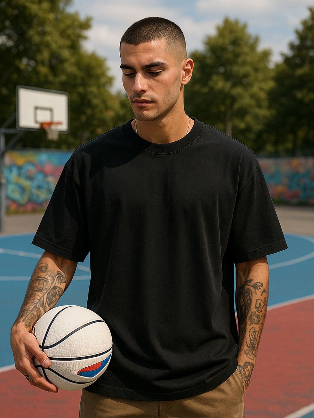VEIRDO Men Black Solid Round Neck Relaxed Fit Pure Cotton Oversized T-shirt - view 1
