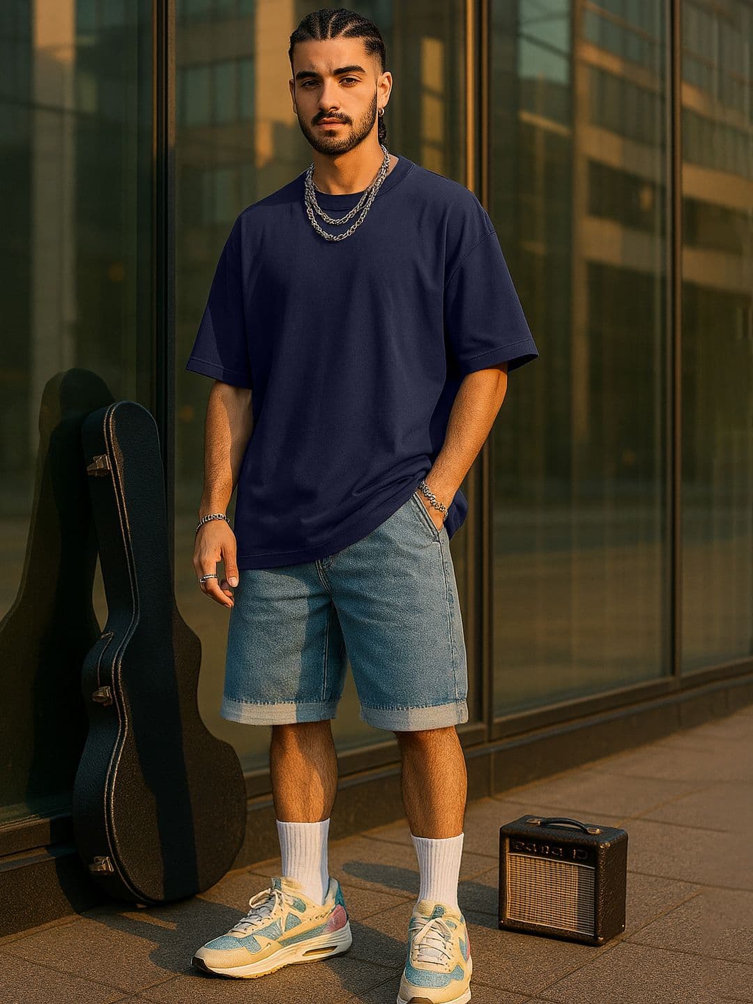 VEIRDO Navy Blue Drop-Shoulder Sleeves Pure Cotton Oversized T-shirt - view 1