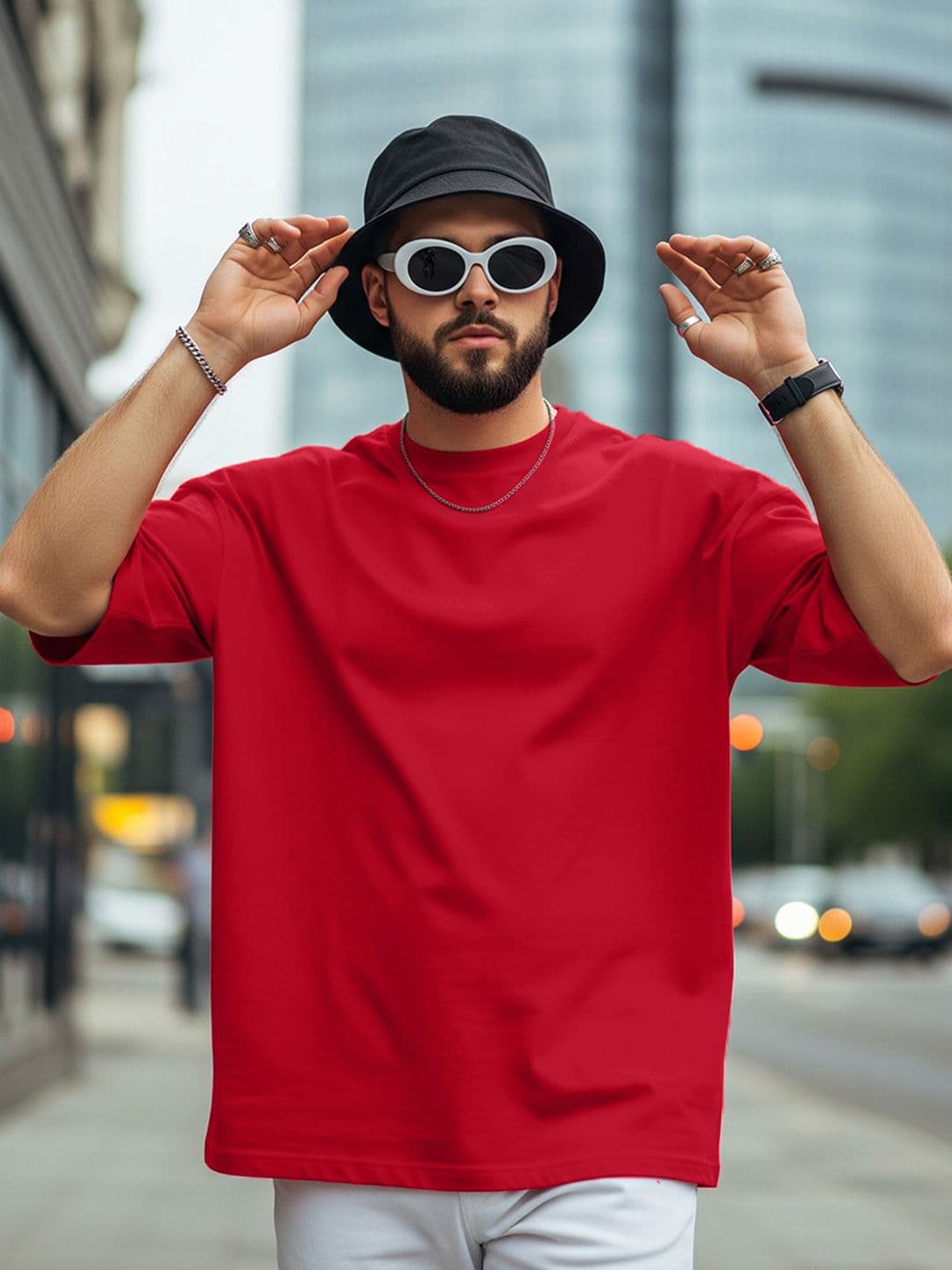 VEIRDO Red Drop-Shoulder Sleeves Pure Cotton Oversized T-shirt - view 1
