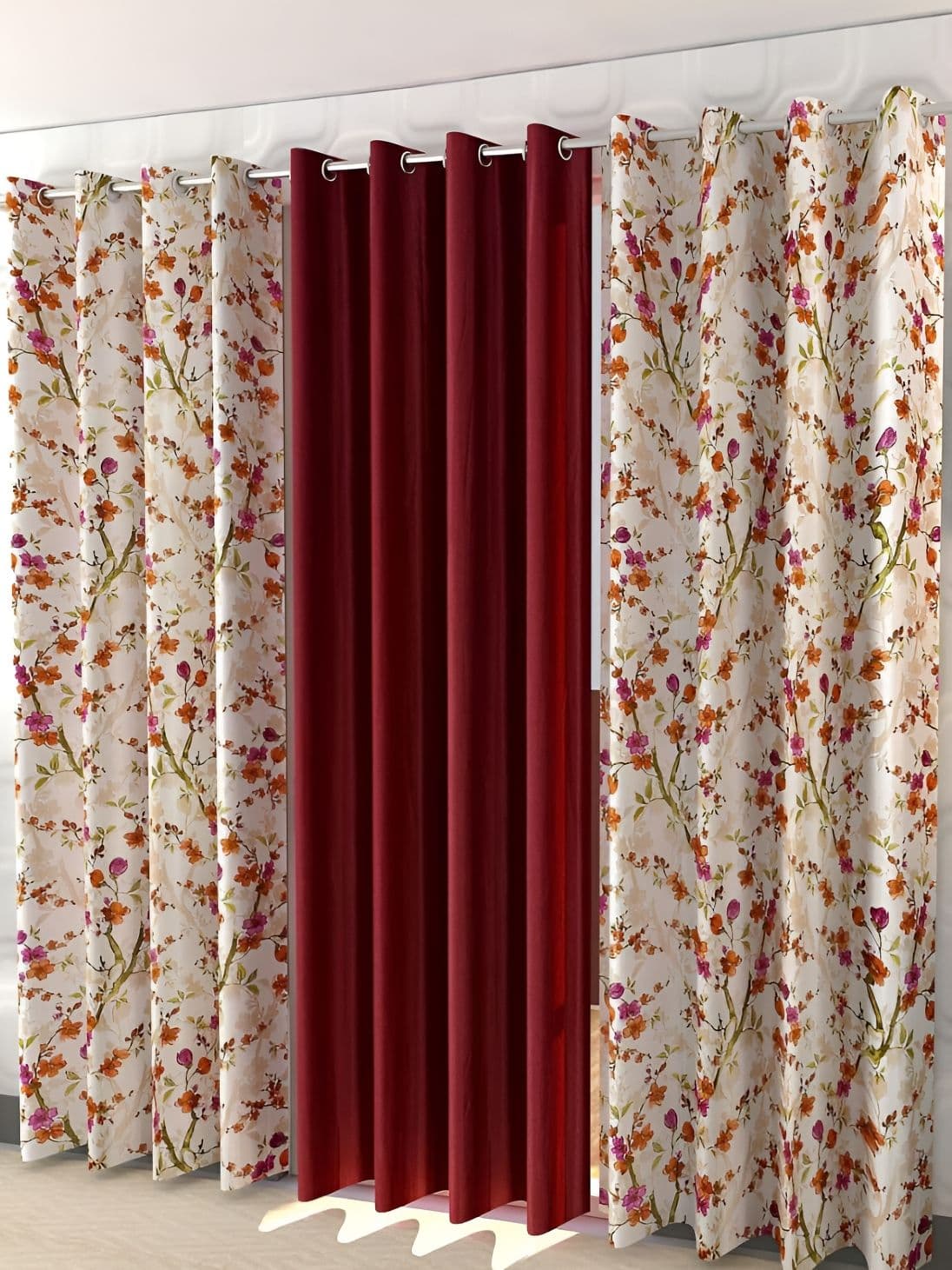 Shopgallery Maroon & White 3 Pieces Floral Room Darkening Window Curtains - view 1