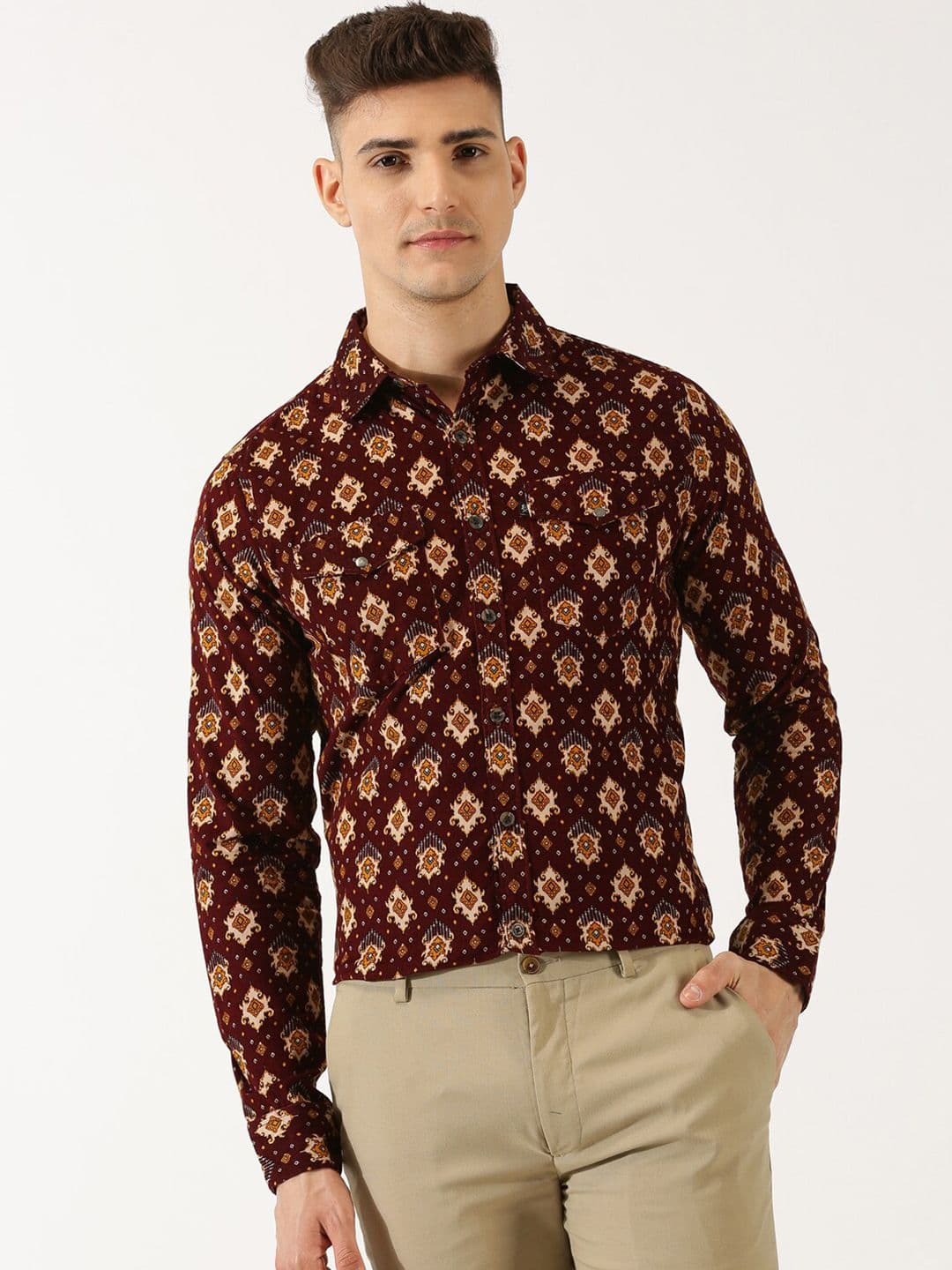 Thomas Scott Classic Slim Fit Ethnic Motifs Printed Pure Cotton Corduroy Semiformal Shirt - view 1
