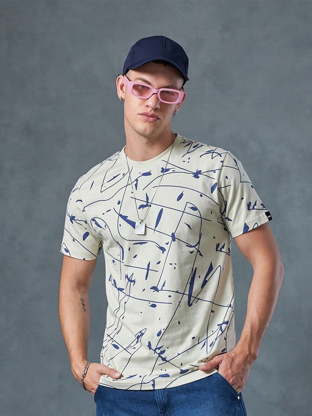 Bewakoof Beige Abstract Printed Round Neck Short Sleeves Cotton Regular T-shirt - view 1