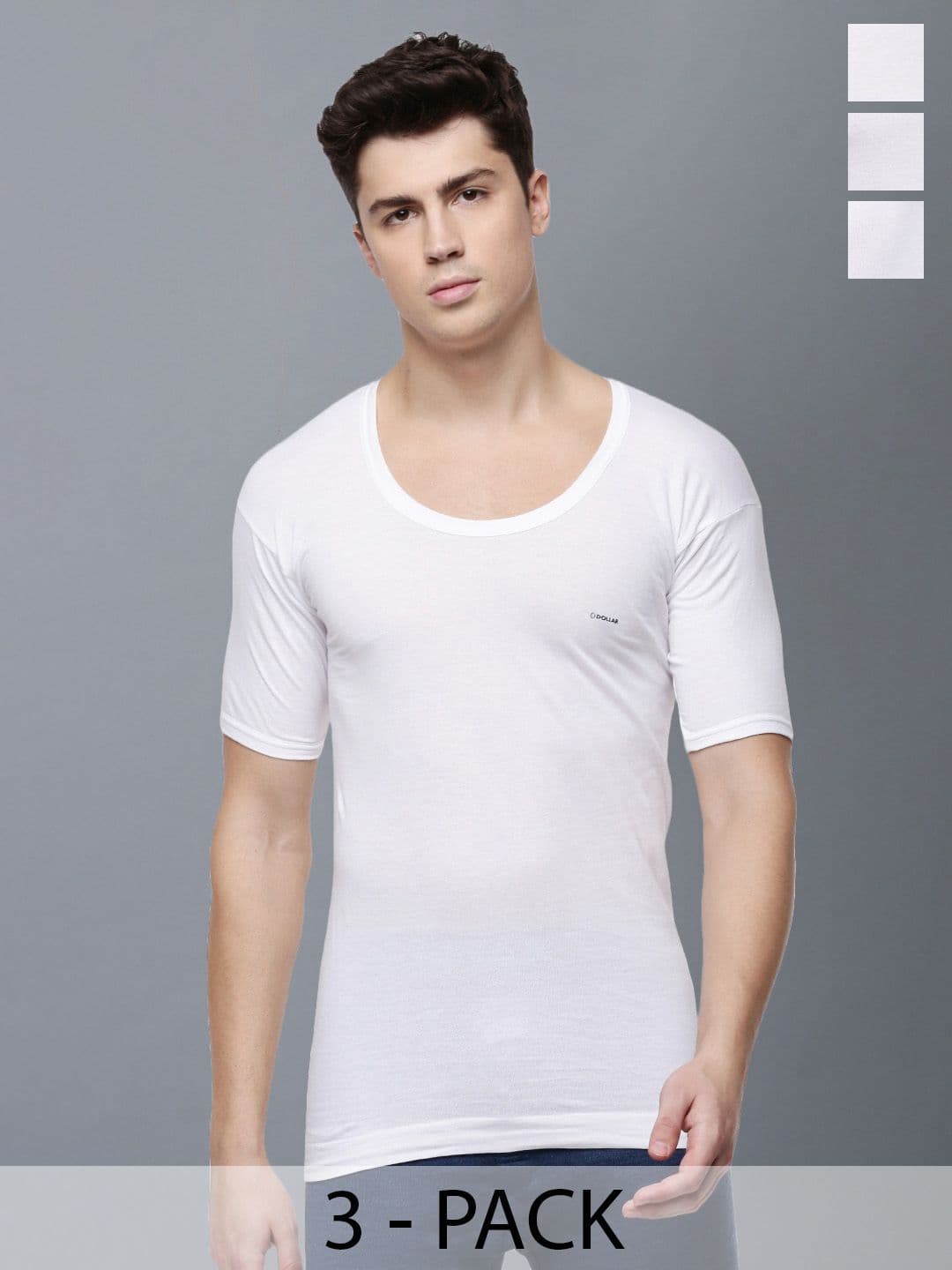 Dollar Lehar Men Combed Cotton Round Neck With Sleeve Vest -Pack of 3- White - view 1