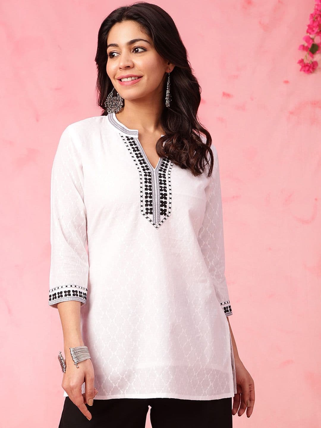 Anouk X fwd White Woven Design Thread Work Mandarin Collar Pure Cotton Straight Short Kurti - view 1