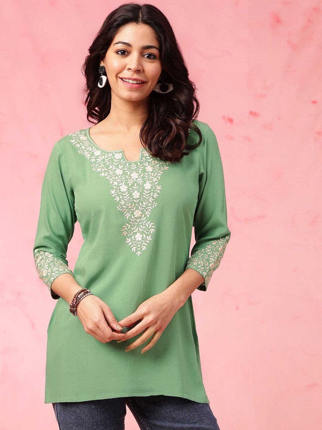 Anouk X fwd Women Floral Embroidered Keyhole Neck Flared Sleeves Thread Work Liva Republic Day Republic Day Kurta - view 1