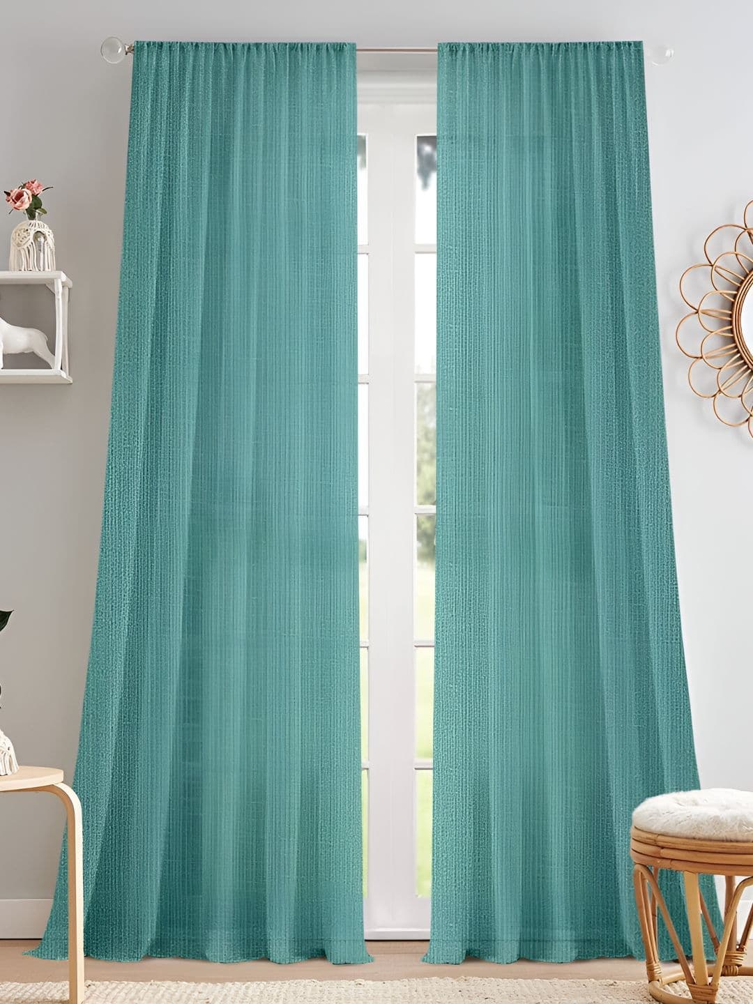 Cortina Teal Blue 2 Pieces Rod Pocket Sheer Long Door Curtain - view 1