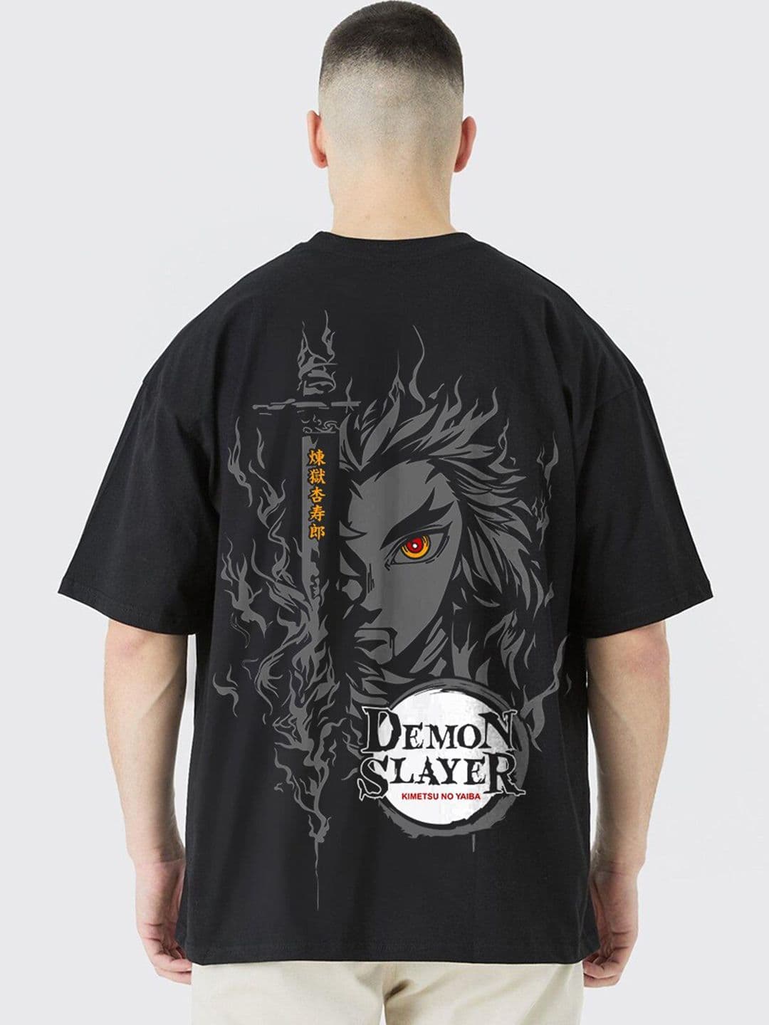 PRONK Rengoku Anime Printed Drop Shoulder Sleeves Cotton Oversized T-Shirt - view 1