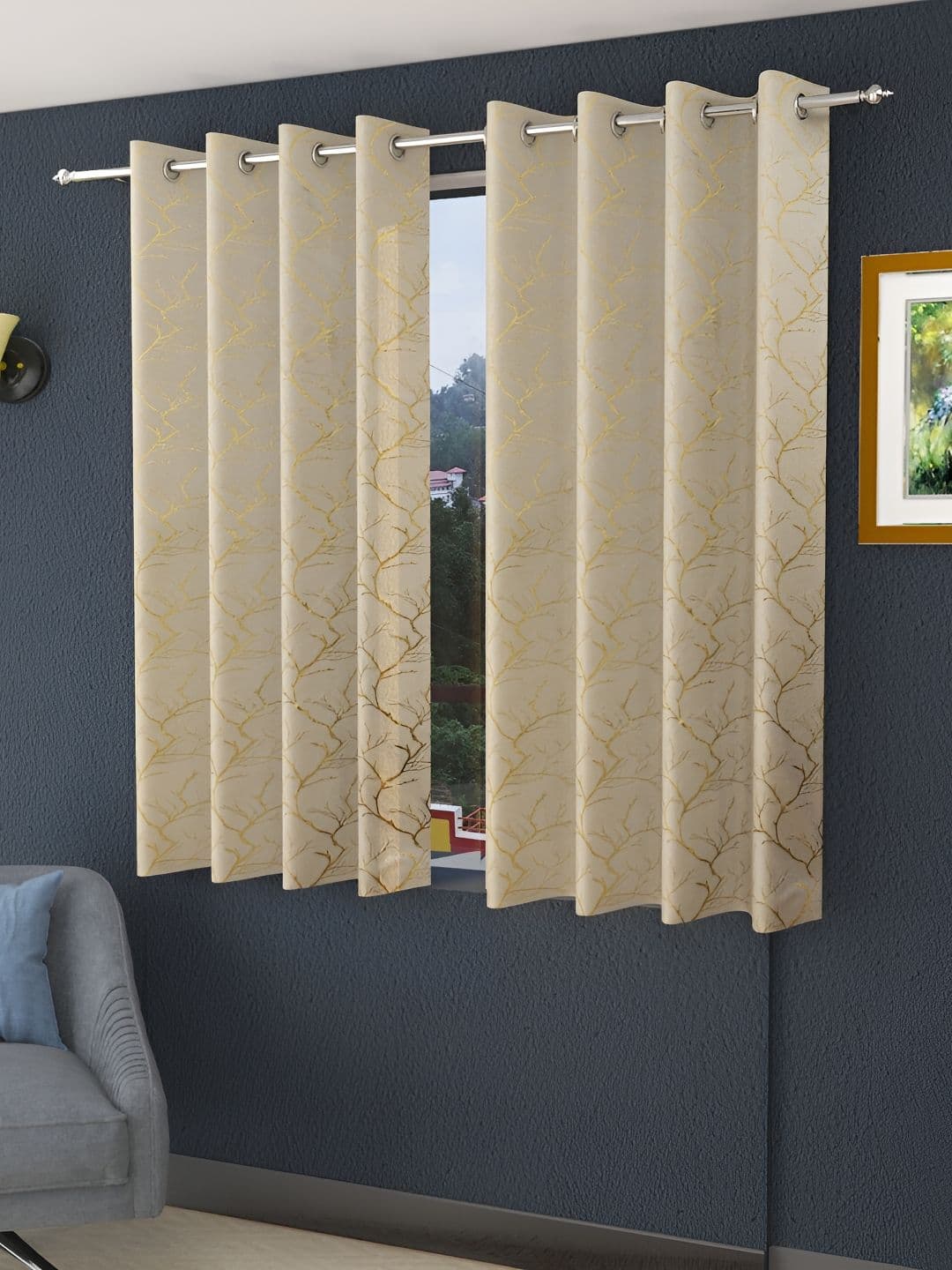 Aura Cream & Gold Toned 2 Pieces Printed Velvet Room Darkening Window Curtains - view 1
