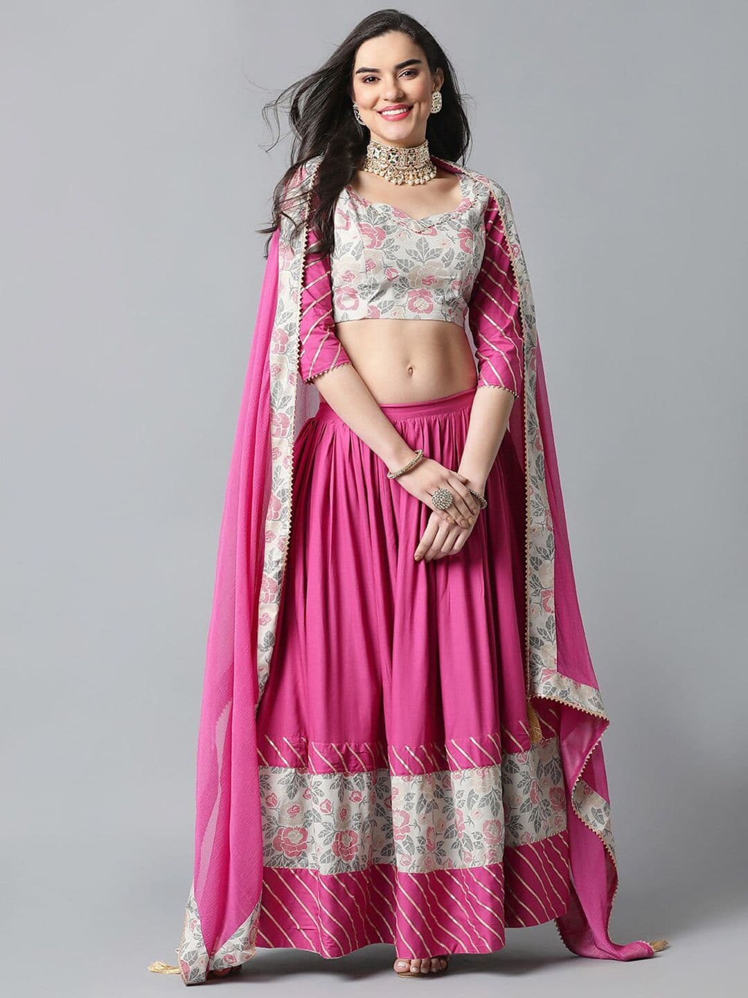 Khushal K Floral Printed Gotta Patti Ready To Wear Lehenga & Blouse With Dupatta - view 1