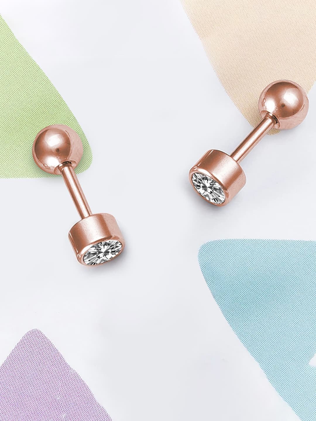 Peora Men Rose Gold-Plated Stainless Steel Cubic Zirconia Contemporary Stud Earrings - view 1