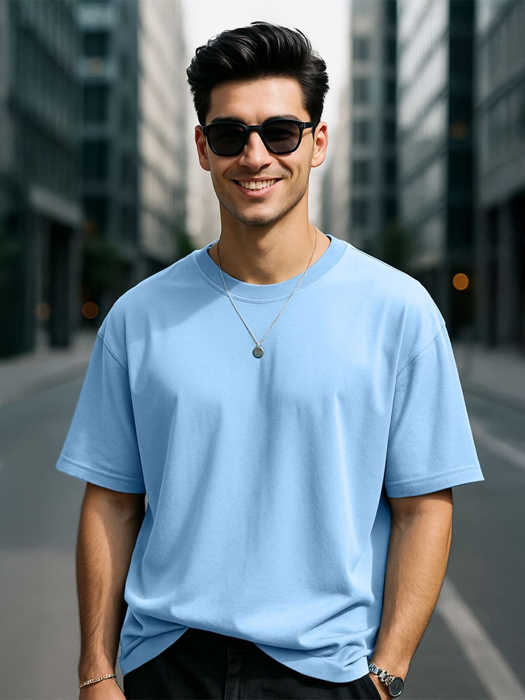 VEIRDO Sky Blue Drop-Shoulder Sleeves Pure Cotton Oversized T-shirt - view 1