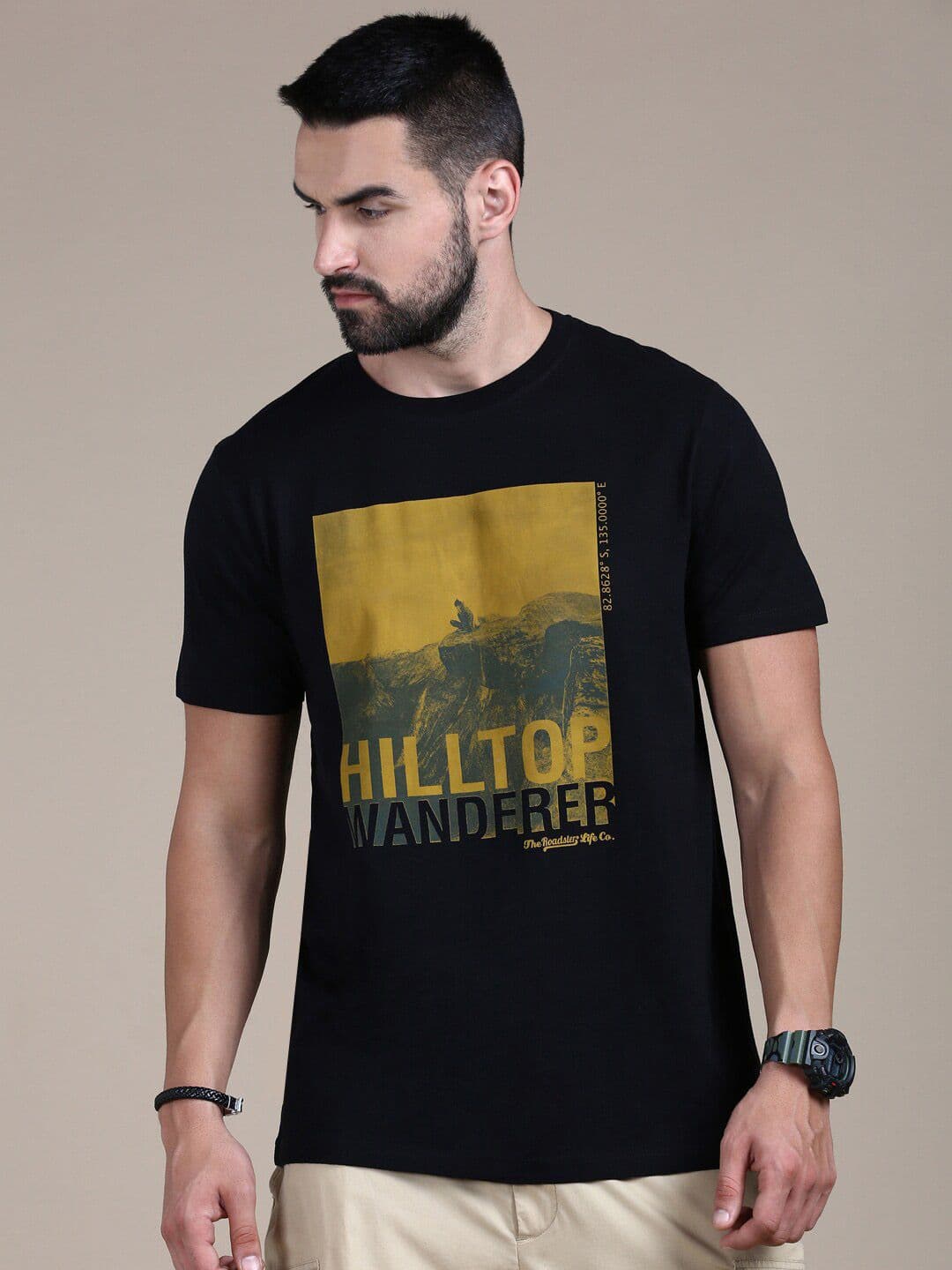 The Roadster Lifestyle Co Black Graphic Printed Cotton Round Neck T shirt - view 1