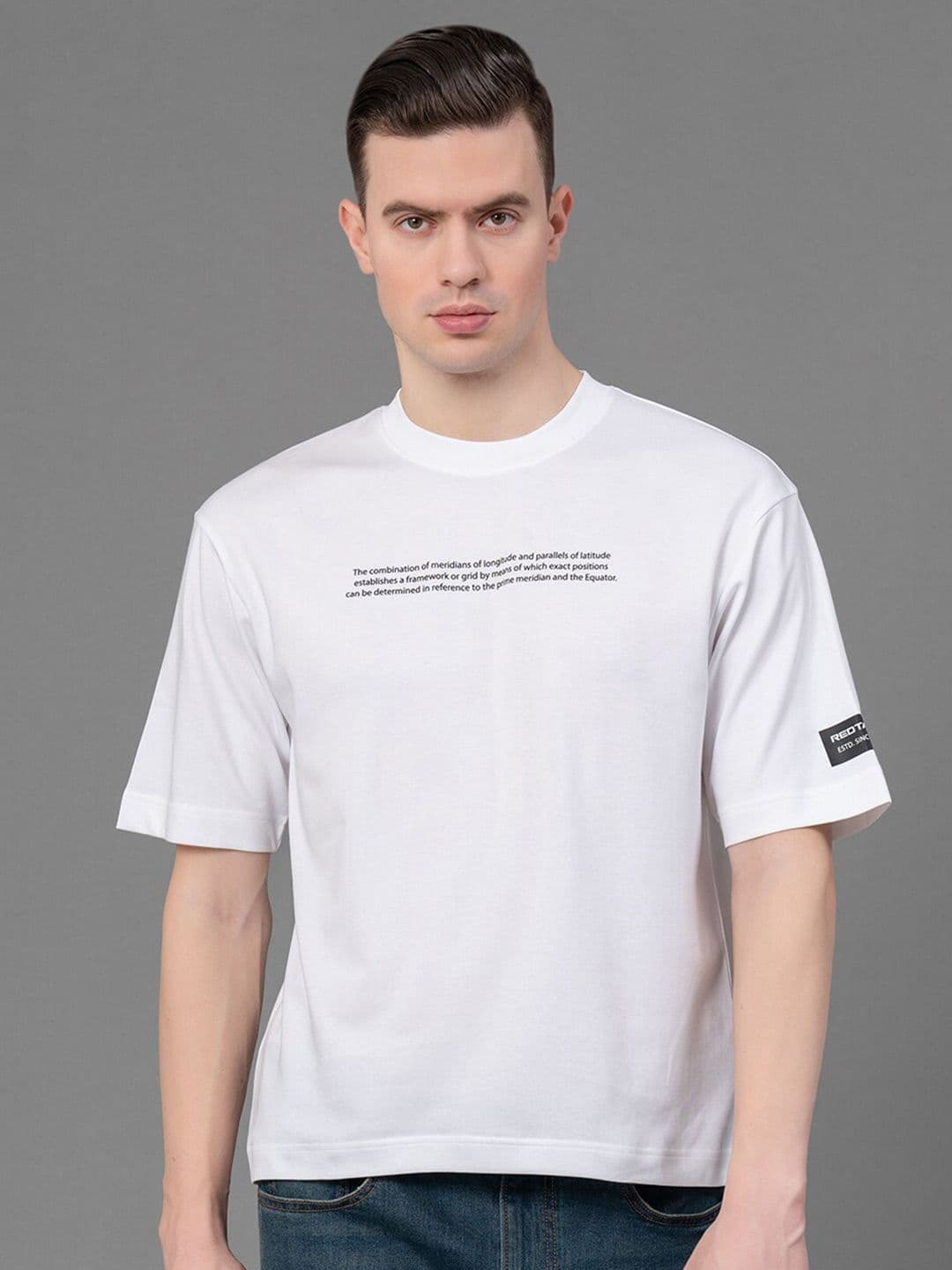 Red Tape Typography Printed Round Neck Antimicrobial Oversized T-Shirt - view 1