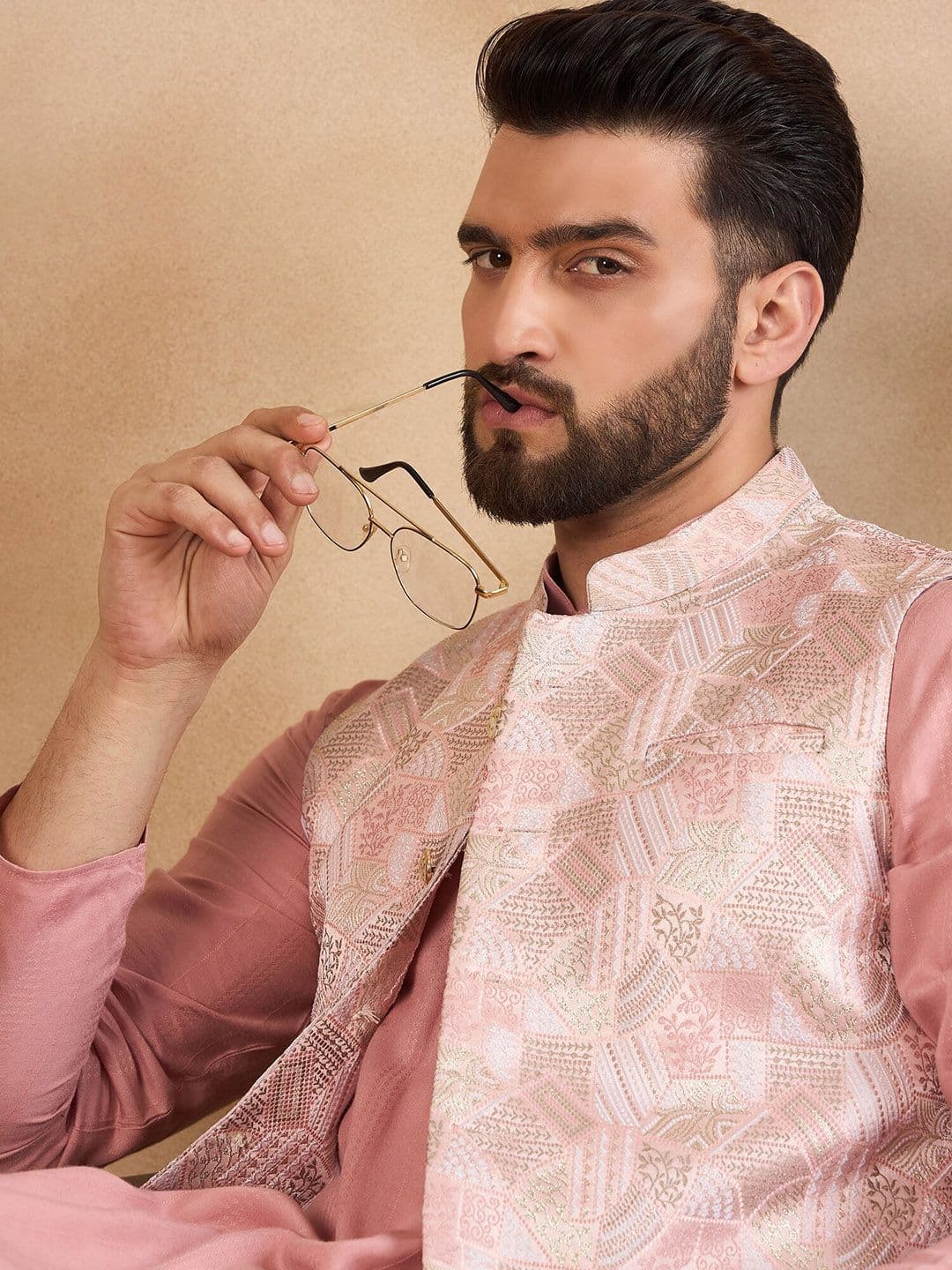 House of Pataudi Woven Design Mandarin Collar Nehru Jackets - view 1