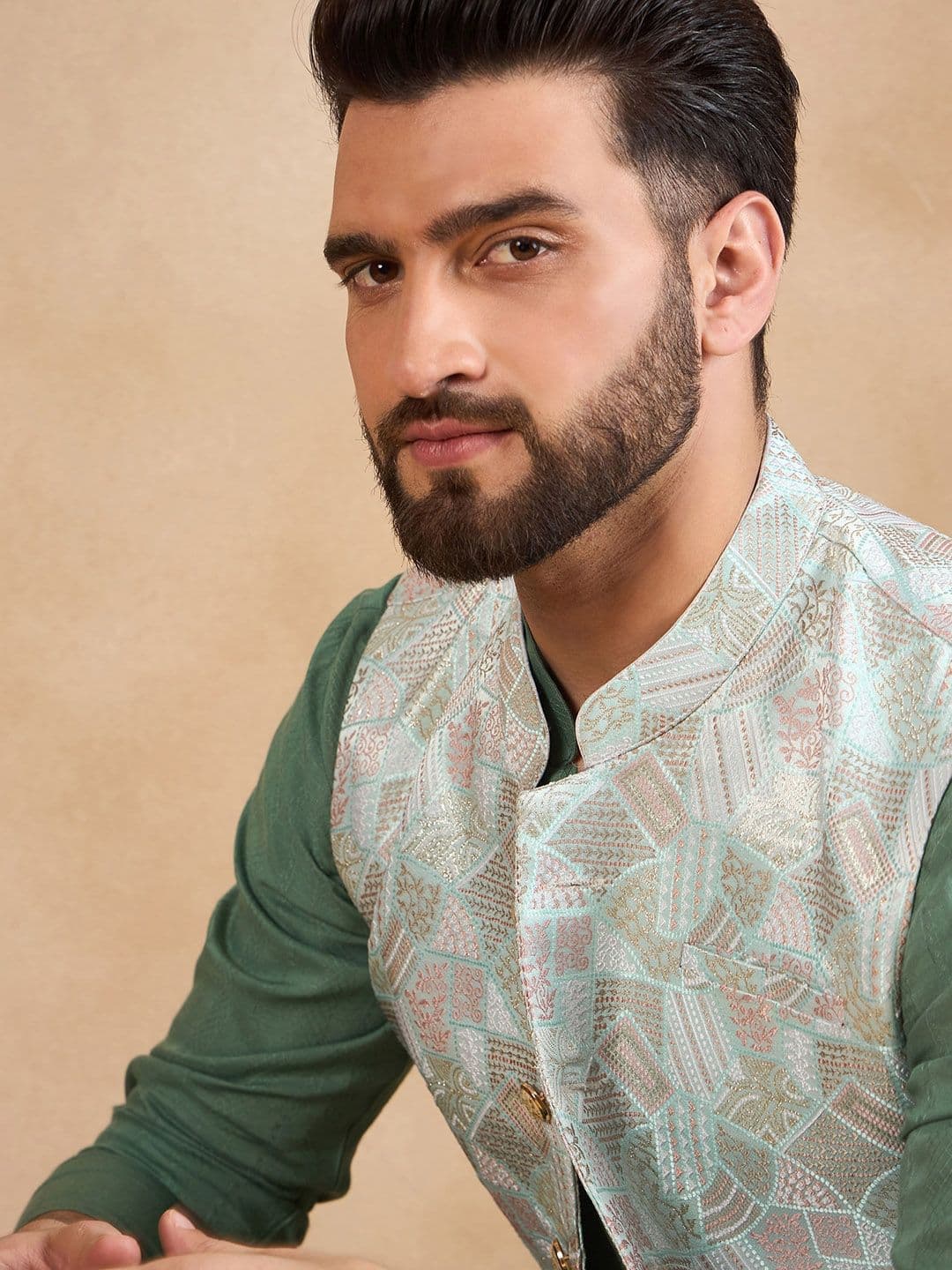 House of Pataudi Woven Design Mandarin Collar Nehru Jackets - view 1