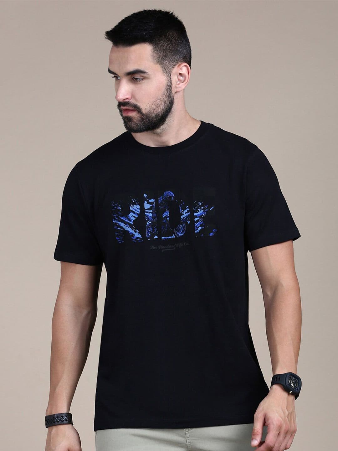 The Roadster Lifestyle Co Black Graphic Printed Cotton Round Neck Tshirt - view 1