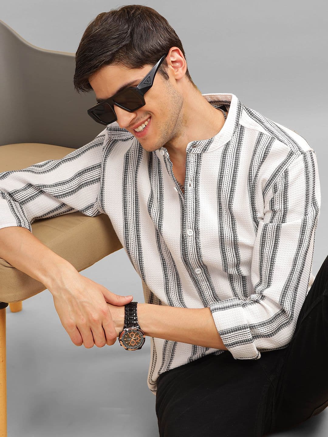 HERE&NOW Slim Fit Striped Mandarin Collar Cotton Casual Shirt - view 1