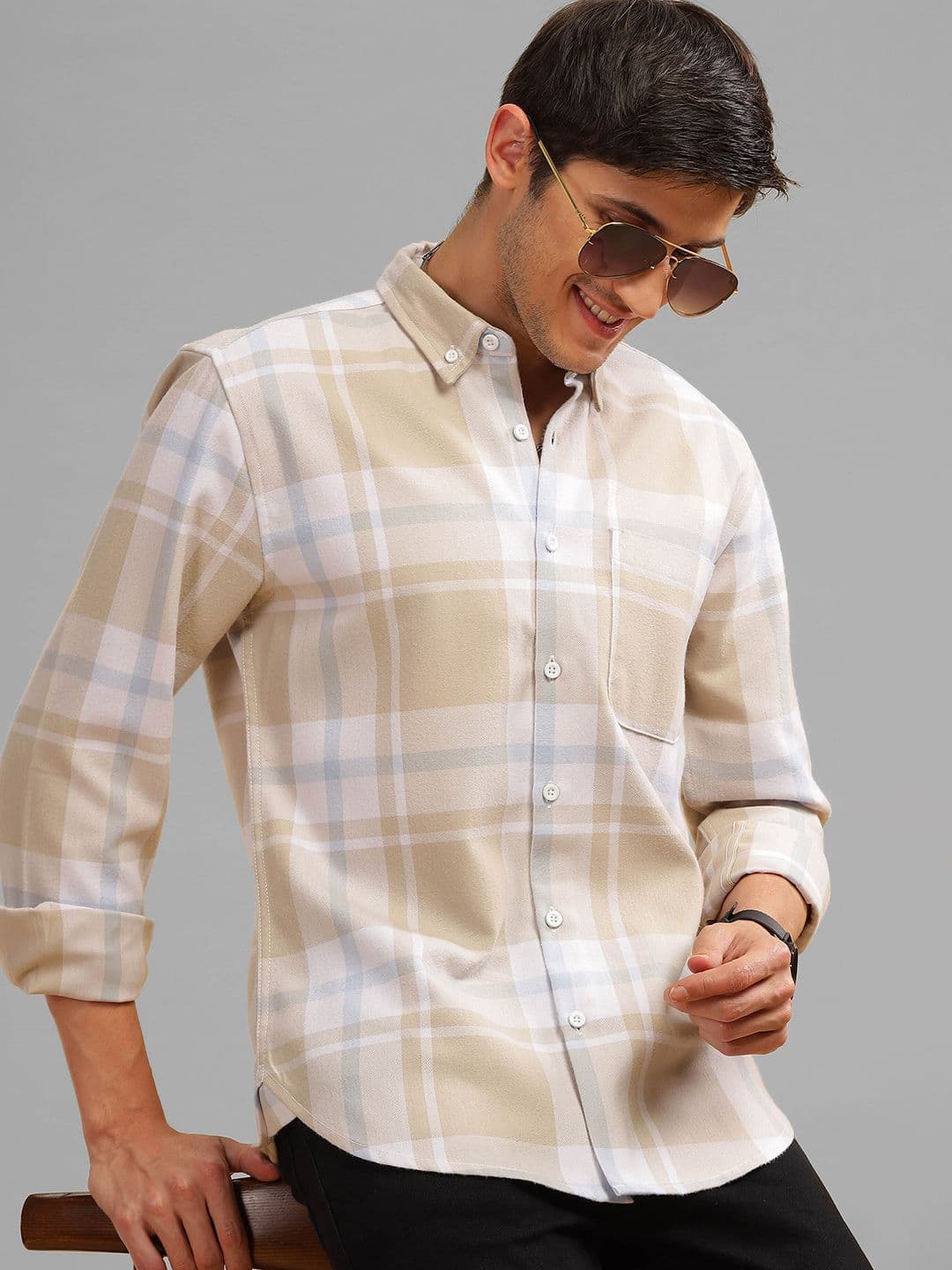 HERE&NOW Slim Fit Checked Spread Collar Long Sleeves Cotton Casual Shirt - view 1