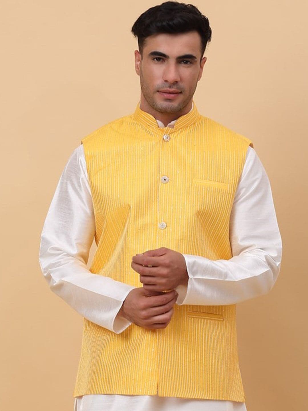 KRAFT INDIA Striped With Sequin-Embellished Nehru Jacket - view 1