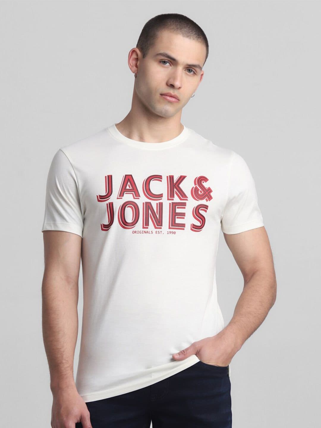 Jack & Jones Typography Printed Round Neck Short Sleeves Cotton Slim Fit T-shirt - view 1
