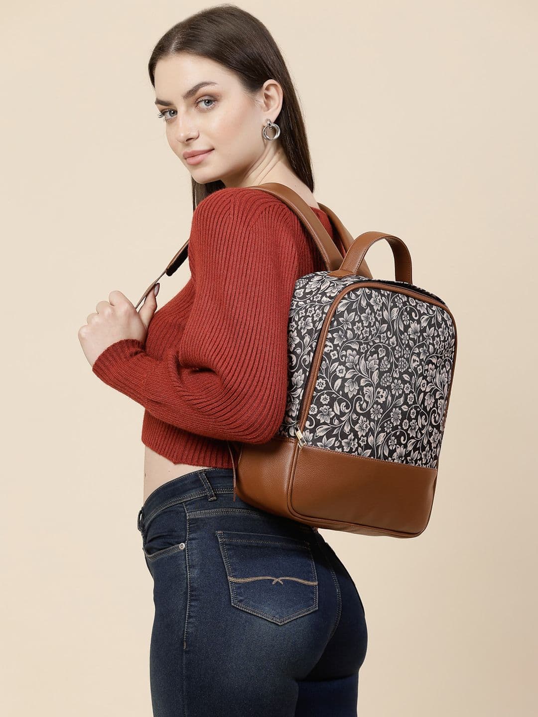 Anouk Tan Brown Floral Printed Ergonomic College Backpack - view 1