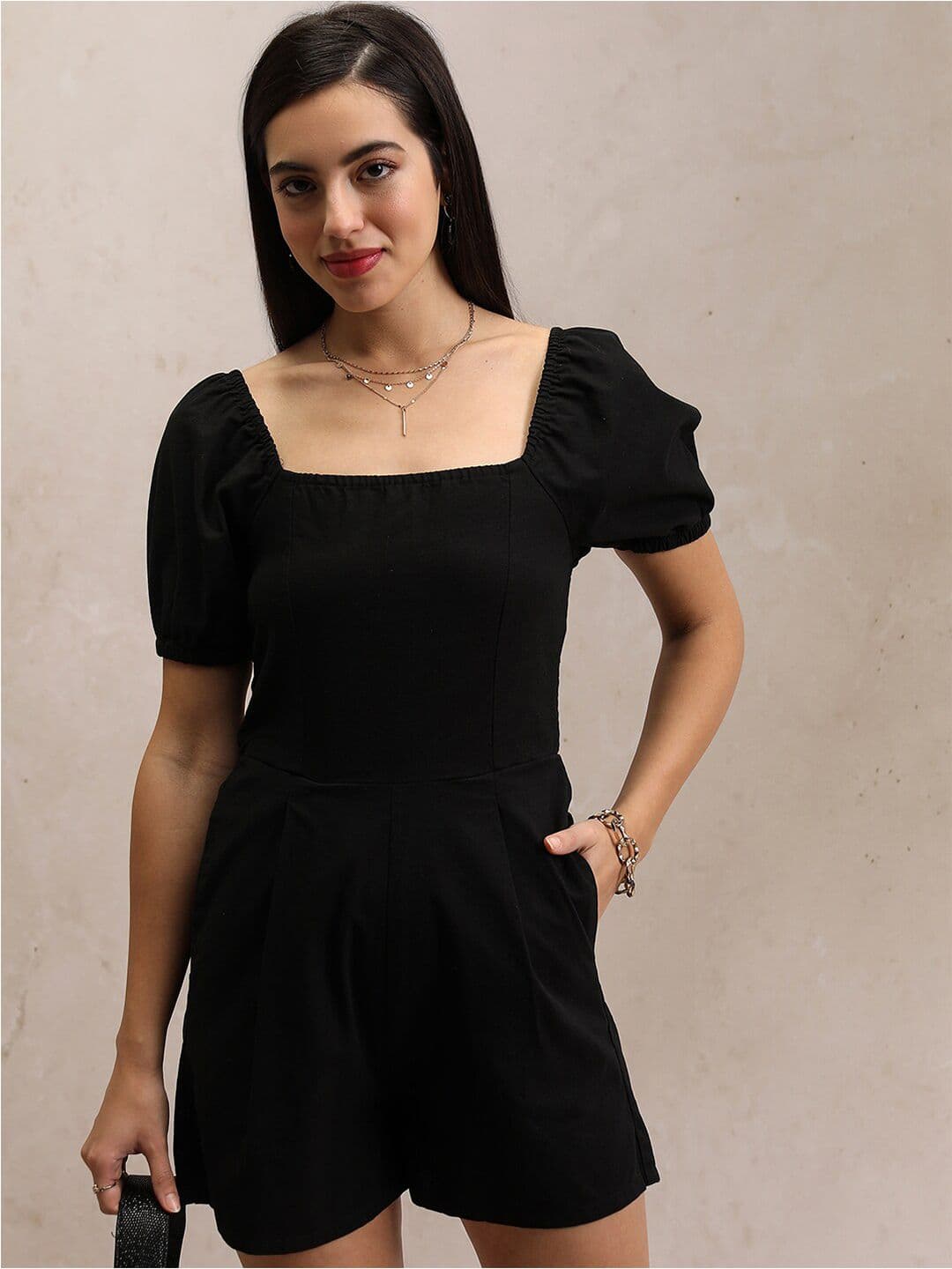 Tokyo Talkies Black Square Neck Cotton Playsuit - view 1