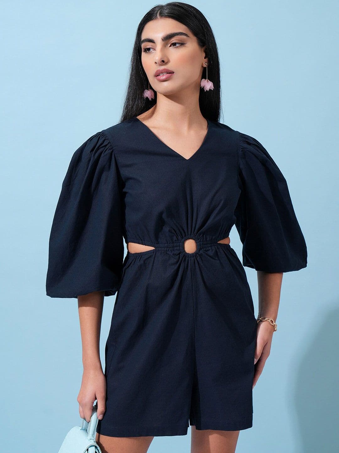 Tokyo Talkies Navy Blue V-Neck Cut-out Cotton Playsuit - view 1