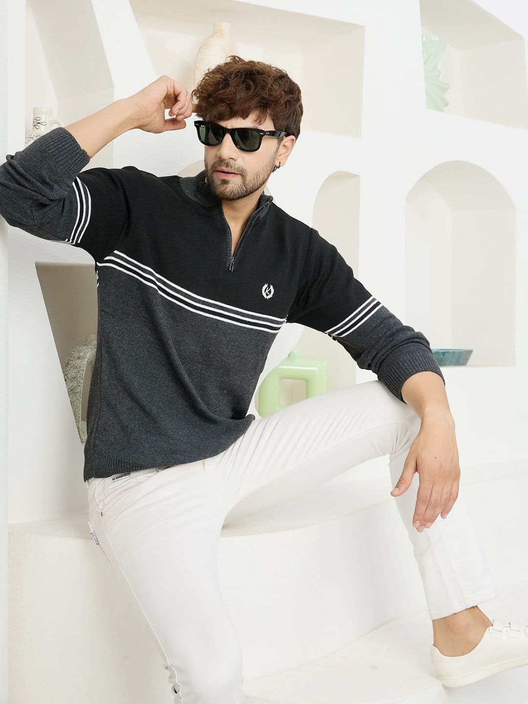 KVETOO Striped Turtle Neck Half Zipper Acrylic Pullover Sweater - view 1