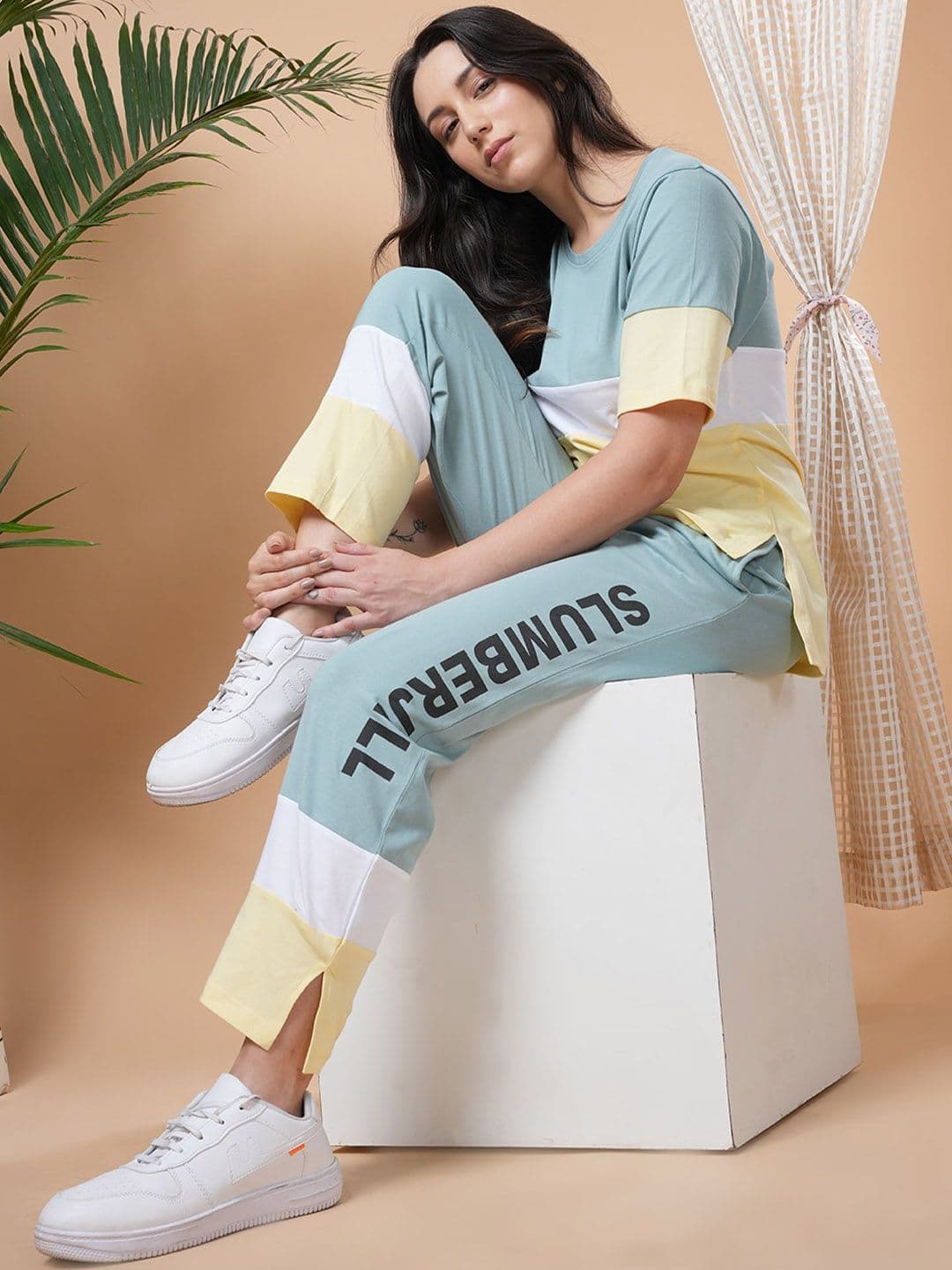 Slumber Jill Colorblocked Pure Cotton Round Neck T-Shirt & Flared Trouser Co-Ords - view 1