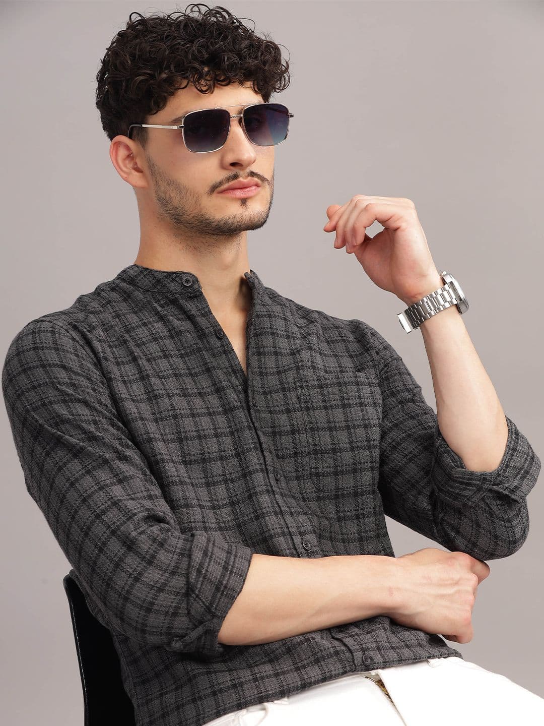 HERE&NOW Slim Fit Checked Cotton Mandarin Collar Casual Shirt - view 1