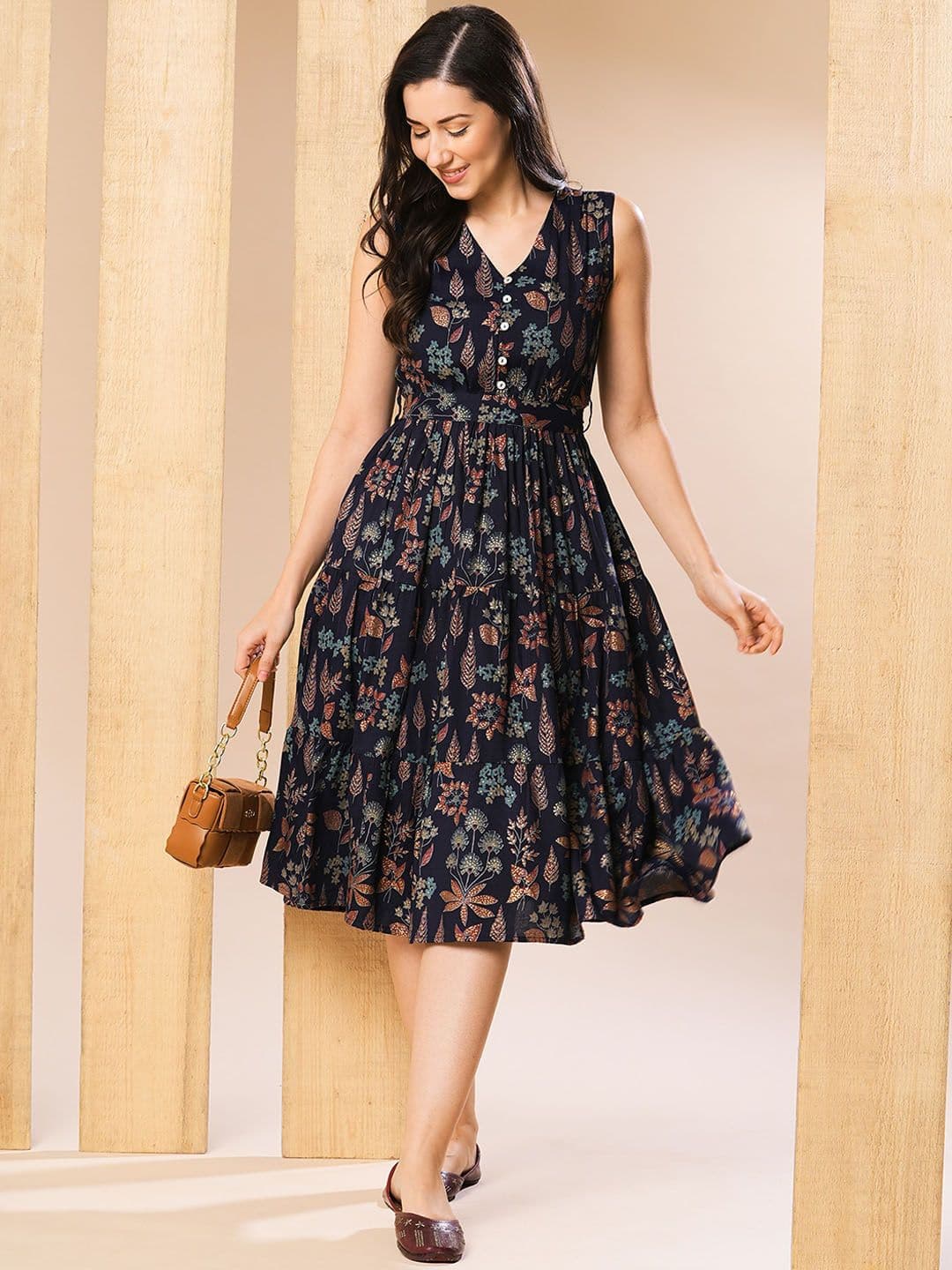 Globus Floral V-Neck Waist Tie-Up Belted Tiered Fit & Flare Fusion Midi Dress - view 1