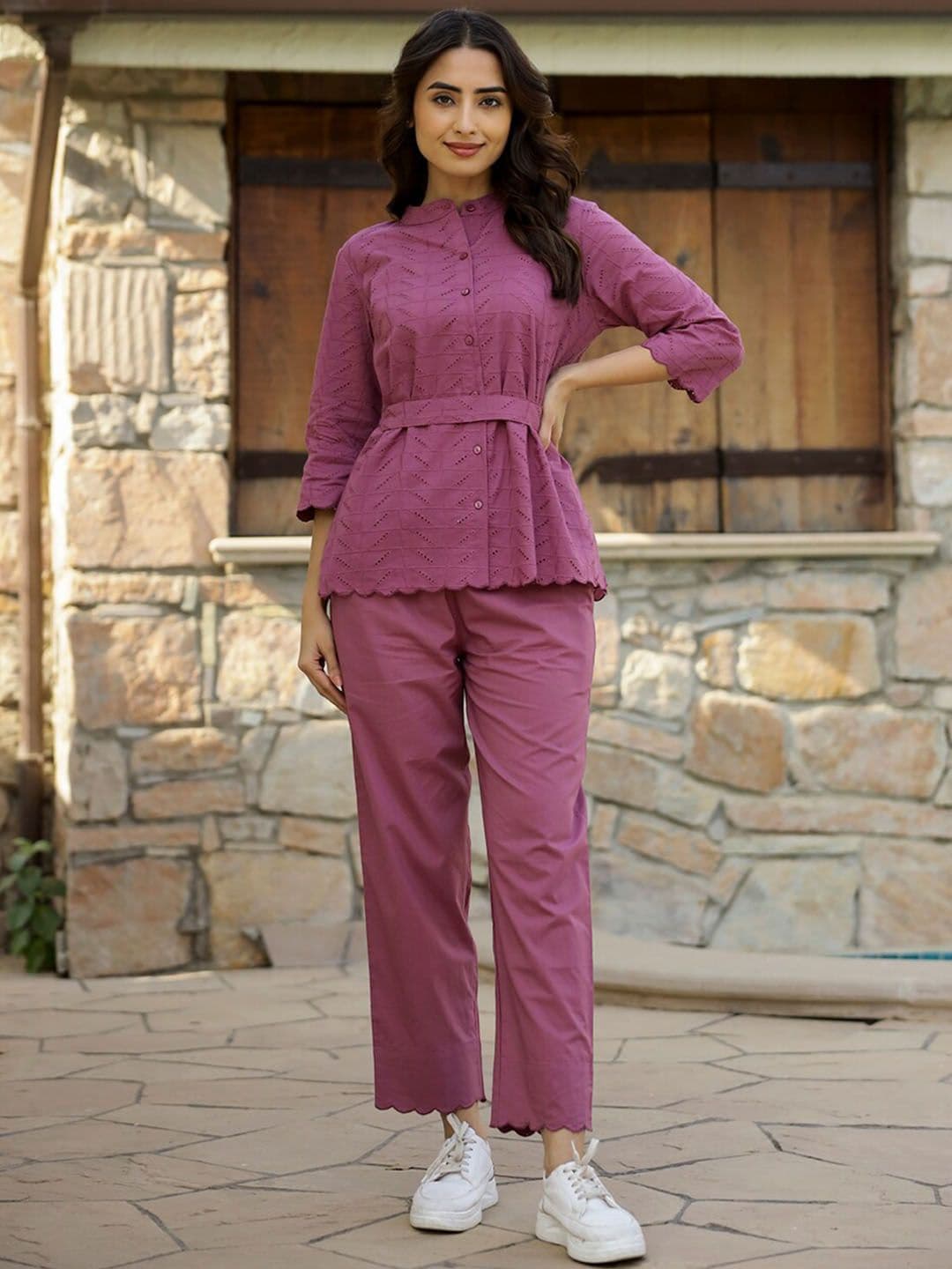 SANSKRUTIHOMES Pink Self-Design Pure Cotton Top & Trousers - view 1