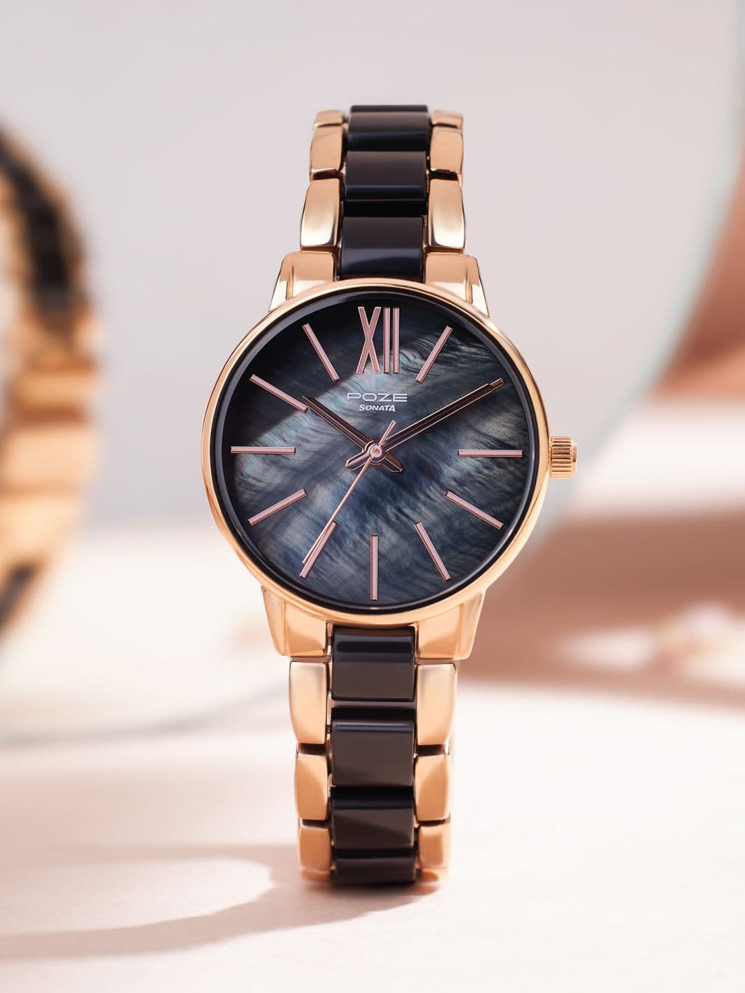 Sonata Poze Quartz Analog With Black Mother Of Pearl Dial Watch For Women - Sp80051kd02w - view 1