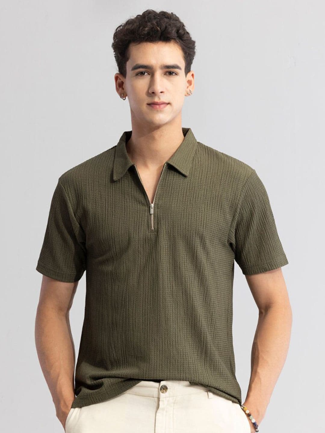Snitch Olive Self Design Polo Collar Casual T-shirt - view 1