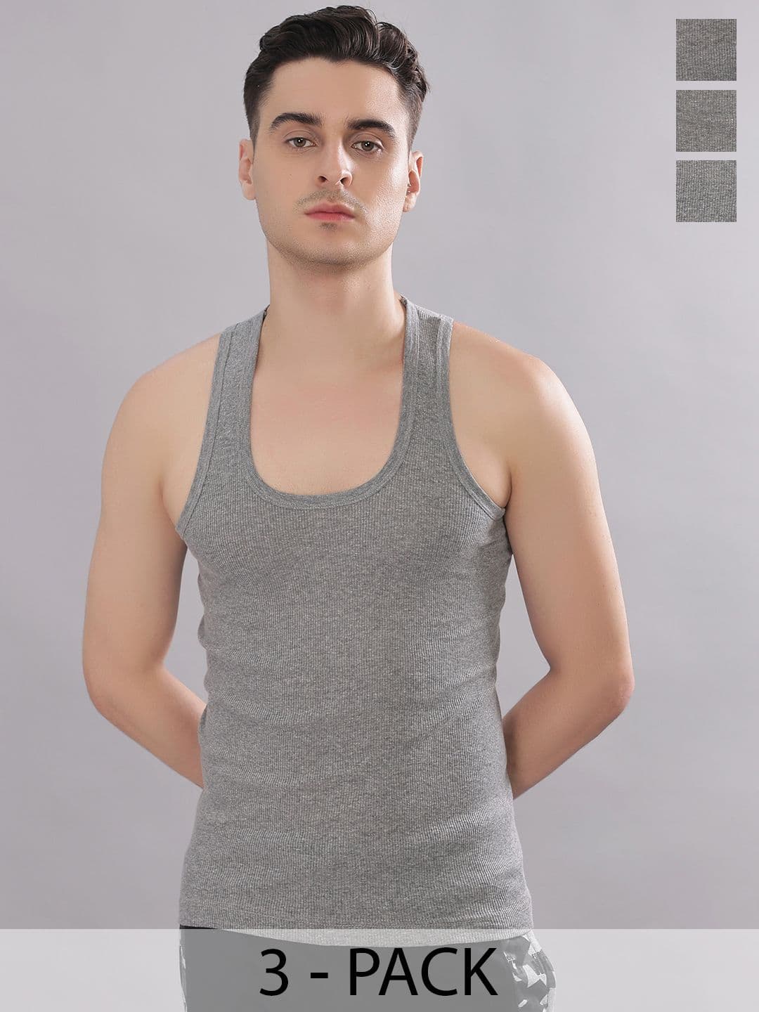 Dollar Bigboss Men Solid Pack of 3 Grey Cotton Stretch Rib Regular Fit Casual Vest - view 1