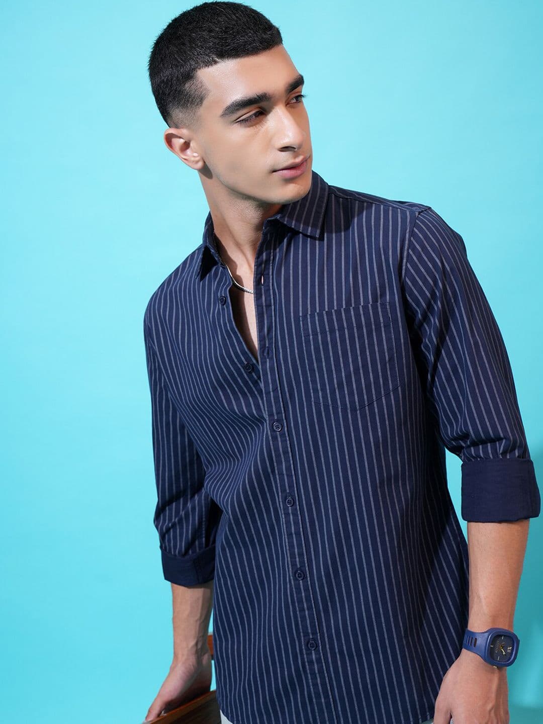 HIGHLANDER Men Vertical Stripes Cutaway Collar Chest Pocket Casual Shirt - view 1