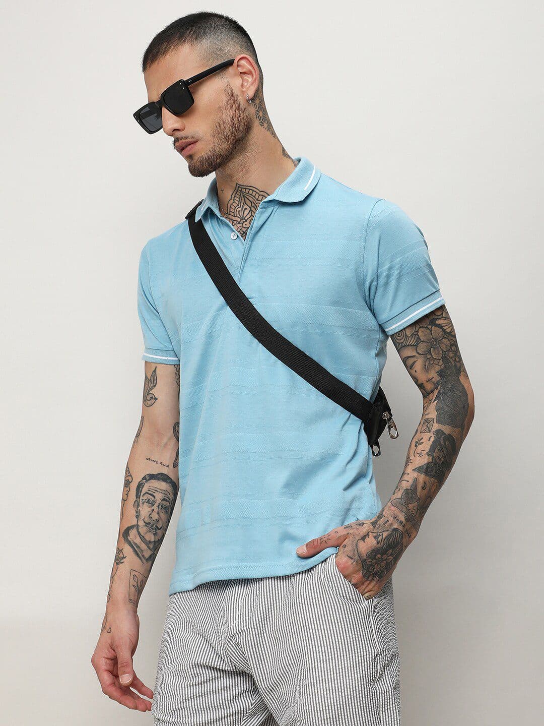 CAHOOT Blue Self Design Polo Collar Cotton T-shirt - view 1