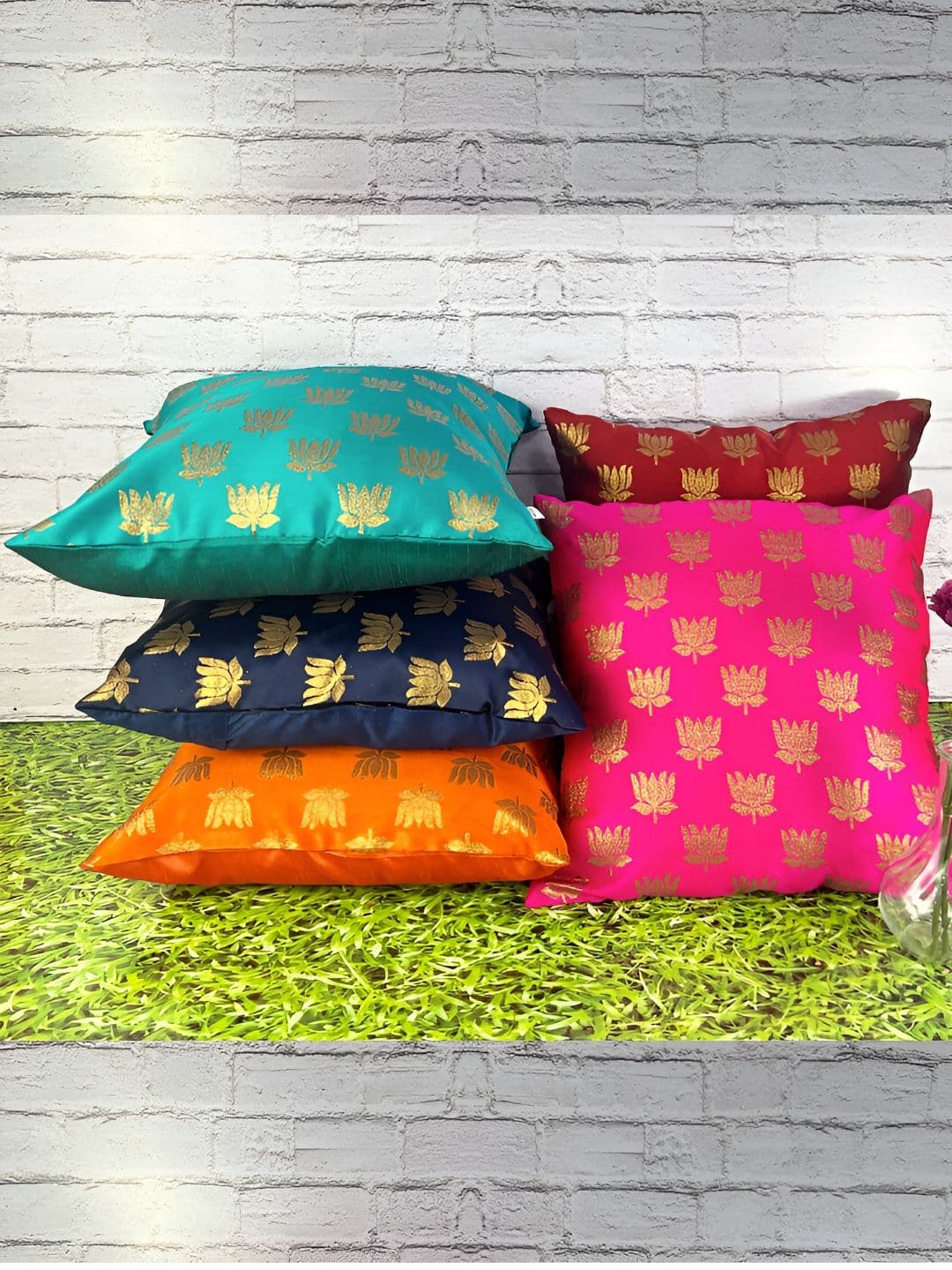 Pink Parrot Pink & Yellow 5 Pieces Ethnic Motifs Jacquard Silk Square Cushion Covers - view 1